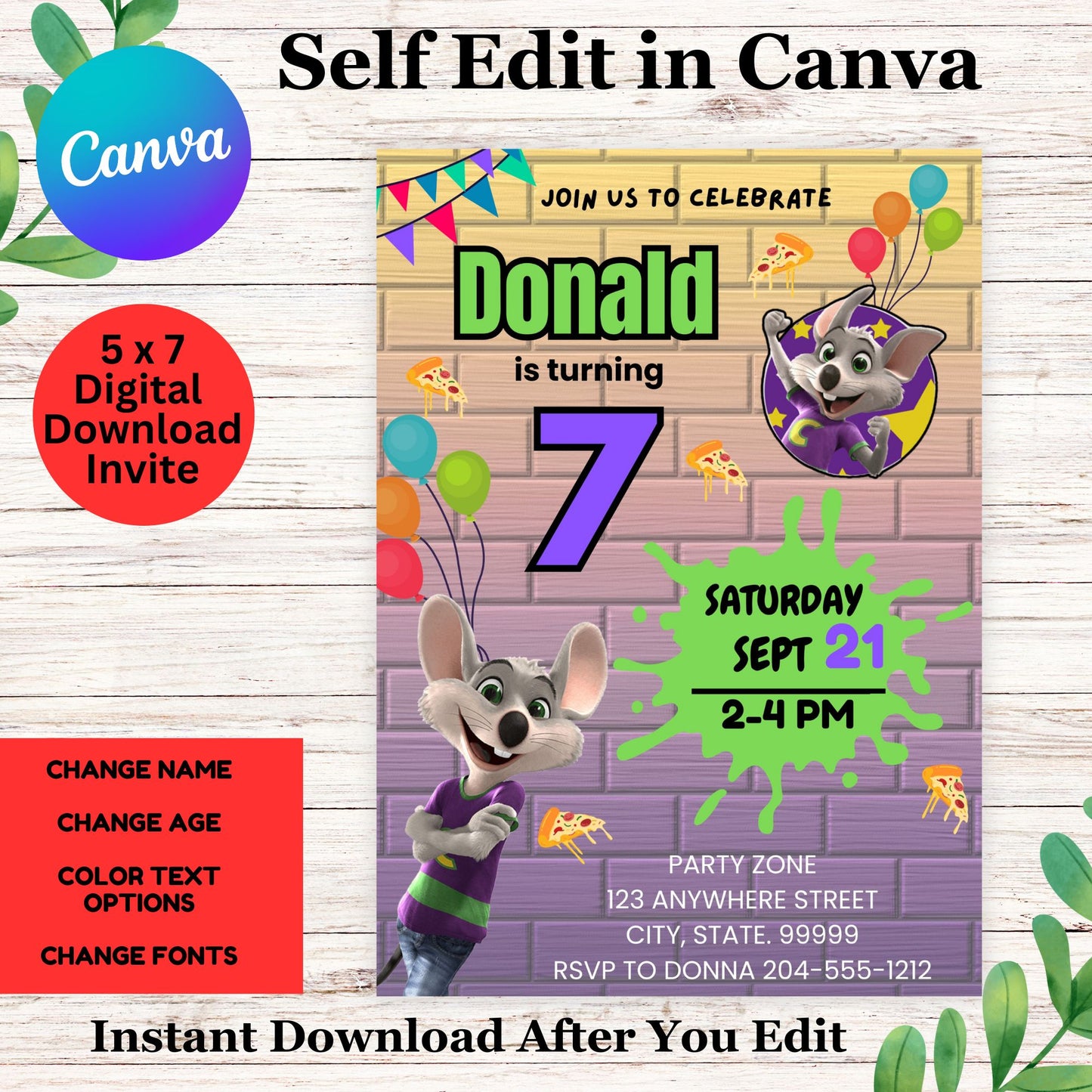 Chuck E Cheese Birthday Party Invitation Template - Editable Chuck E Cheese Invite