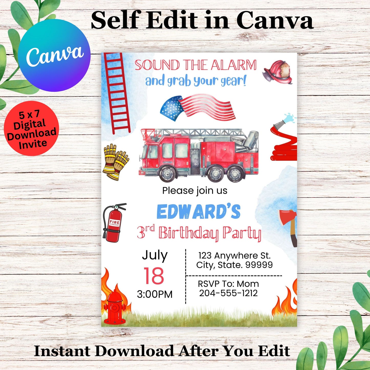 Boys Fireman Firetruck Birthday Invitation Template - Editable Firetruck Birthday Invite in Canva