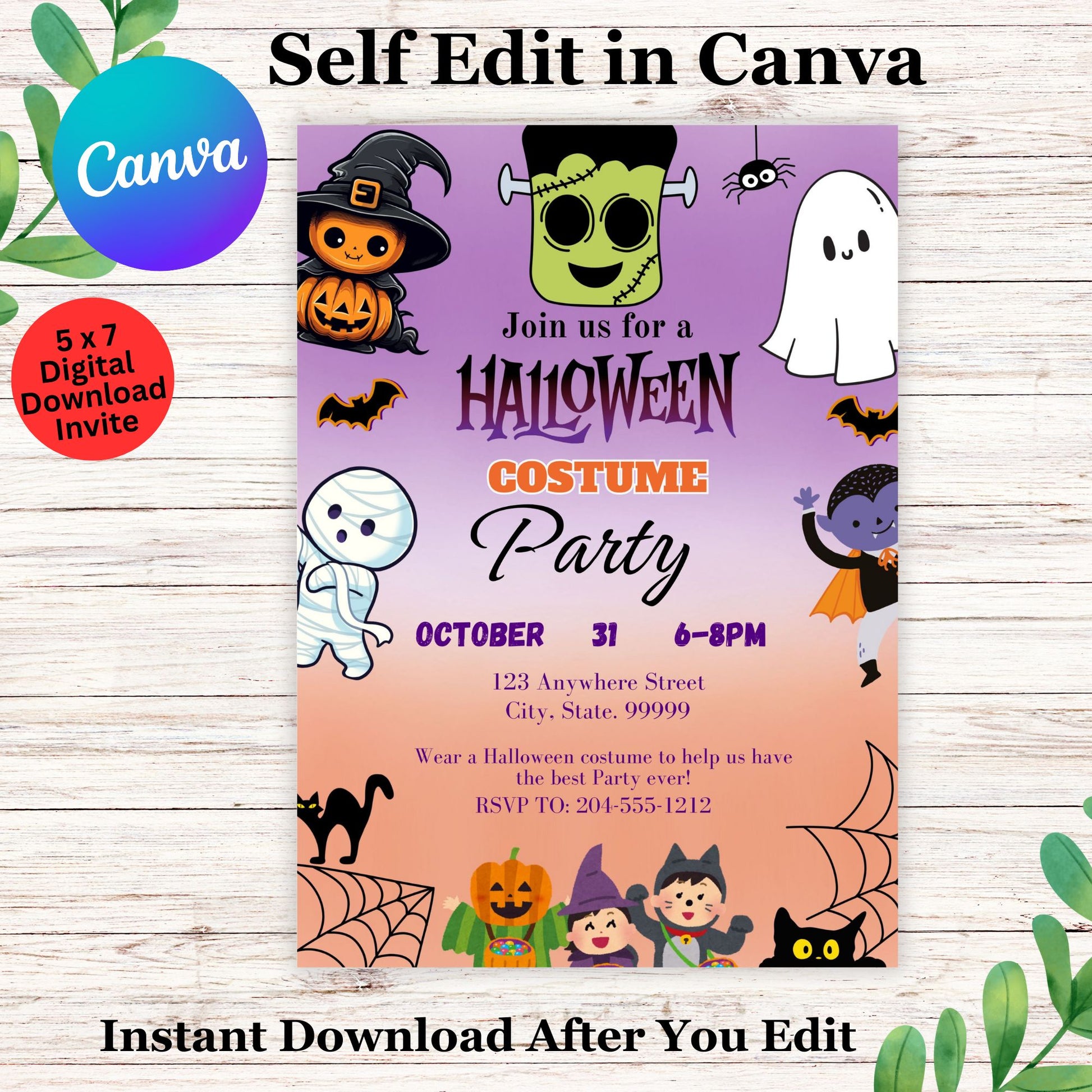 Kids Halloween Party Invitation, Spooky Fun Digital Printable Invite, Cute Monster Bash, Editable Template