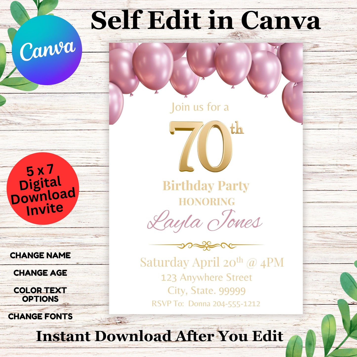 Pink Balloons 70th Birthday Party Invitation Template - Editable 70th Party Invite in Canva