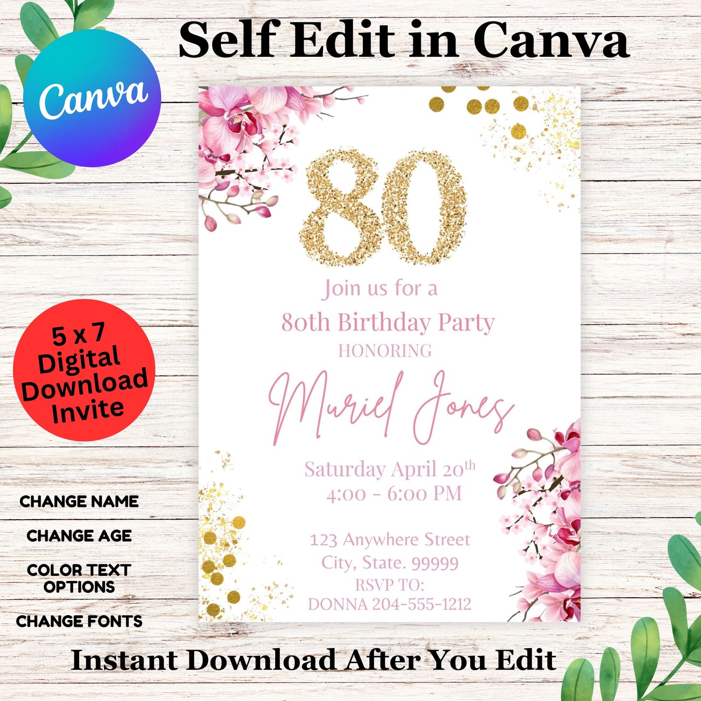 Ladies Floral Gold 80th Birthday Invitation Template - Editable 80th Birthday Invite in Canva