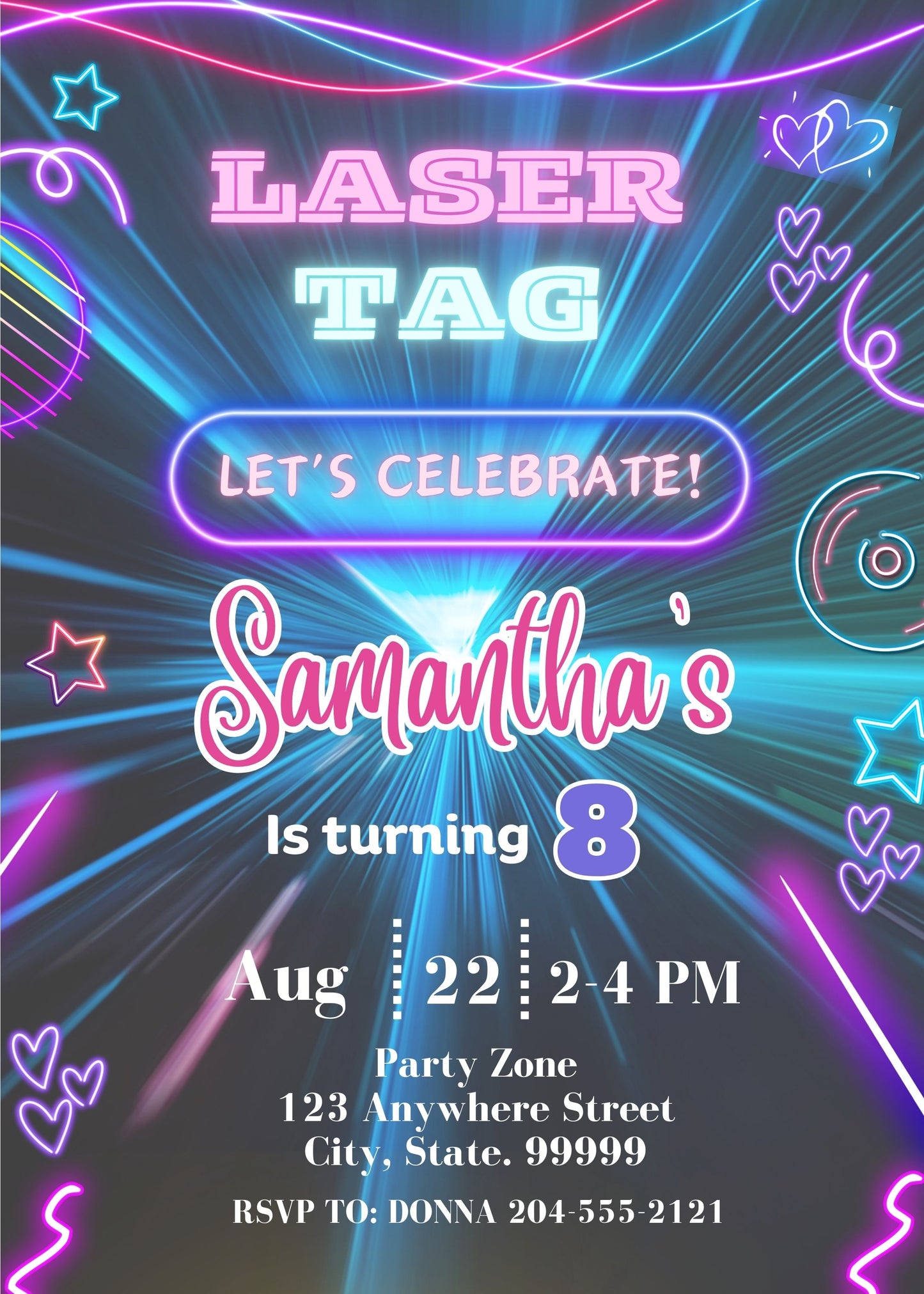neon girl birthday invite