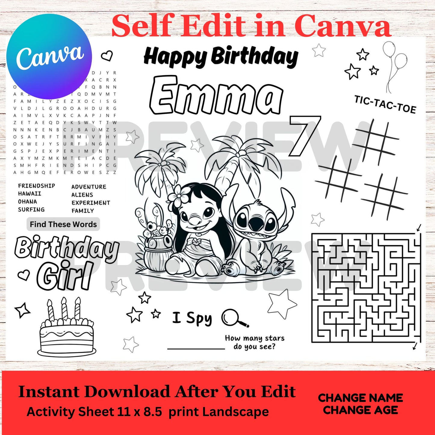 Lilo and Stitch Birthday Activity Sheet Mat for Girl Printable Template