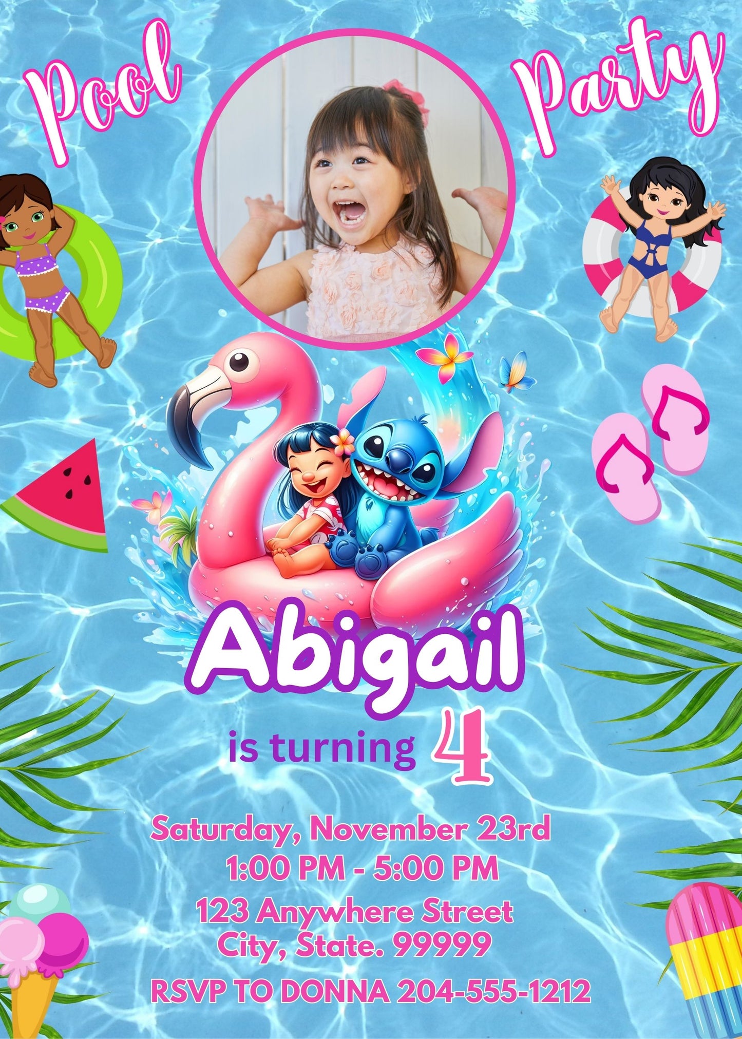 cute girl lilo and stitch party invitation template