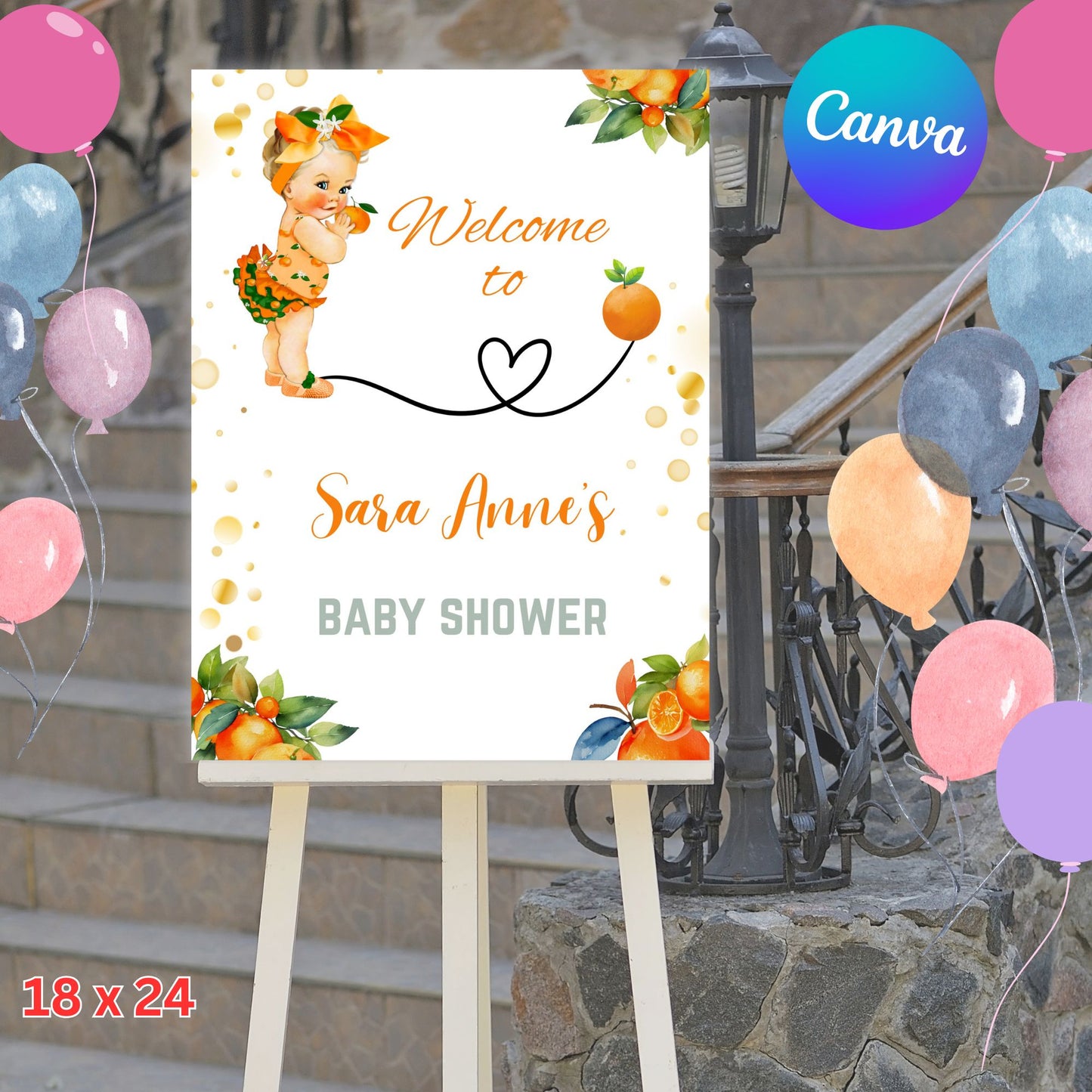 A little Cutie is on her Way Orange Baby Shower Welcome Sign - Baby Shower Template Sign