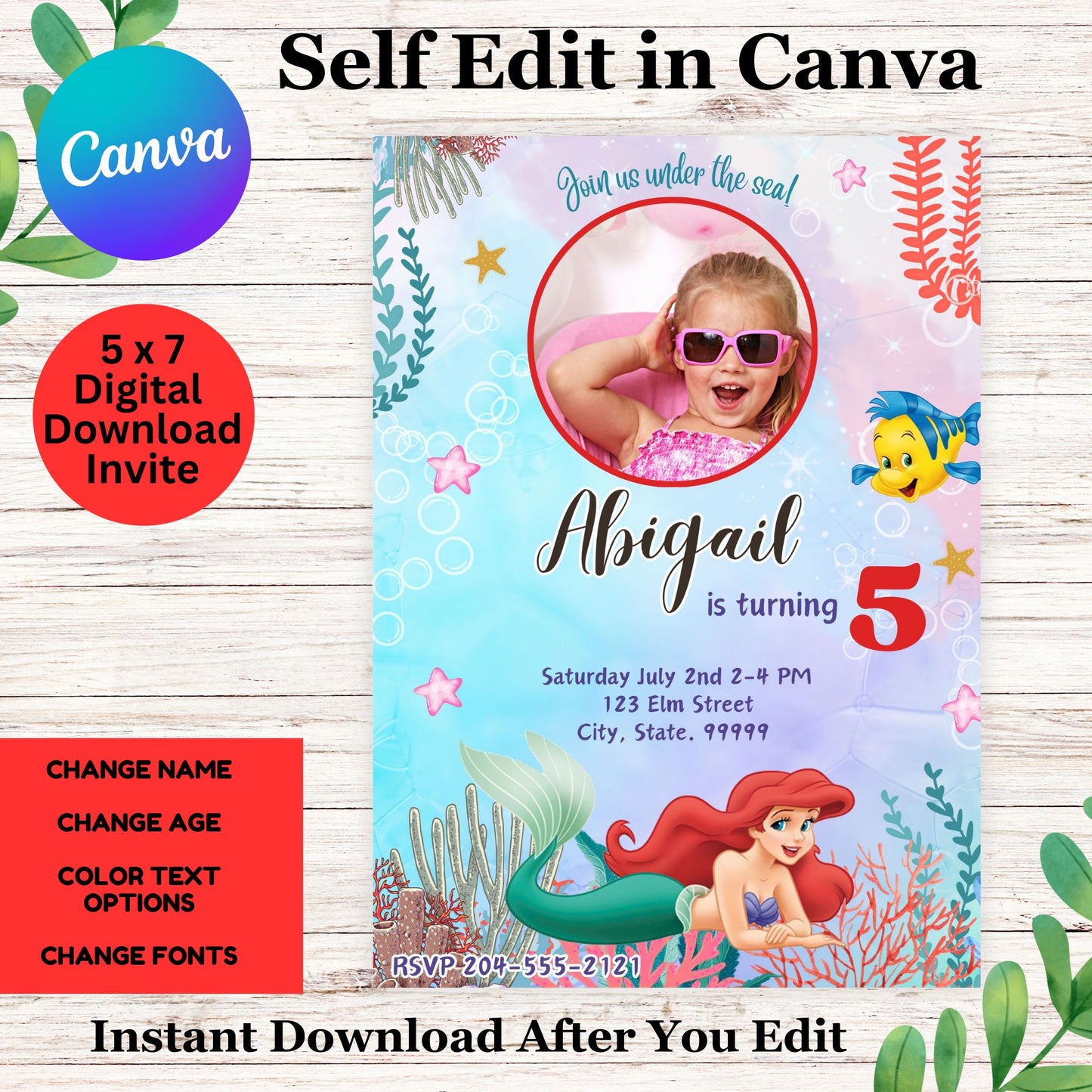 Little Mermaid Ariel Birthday Invitation Template - Little Mermaid Photo Invitation