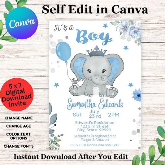 Elephant Baby Shower Invitation Template Boy - Cute Blue Elephant Baby Shower Invite