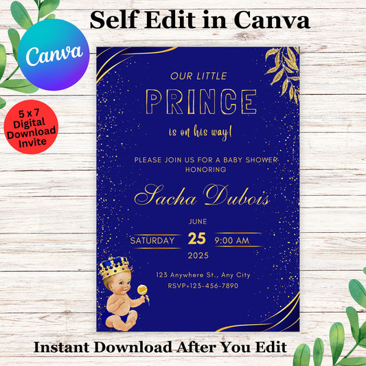 Our Little Prince is on his Way Baby Shower Invitation - Editable Prince Baby Shower Invite