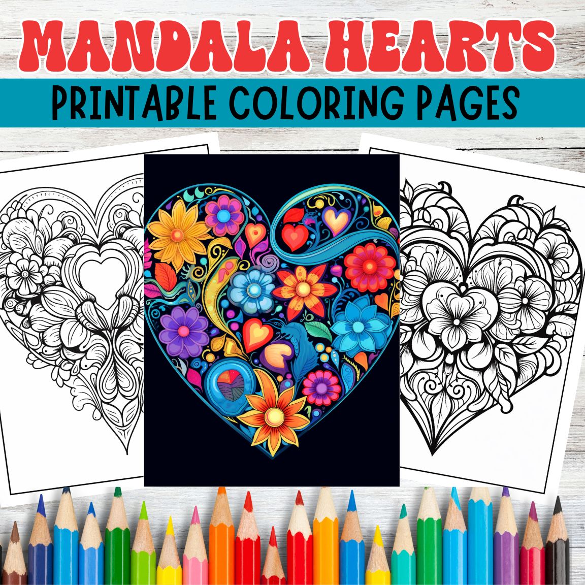 Mandala Hearts Digital Coloring Pages | Printable Designs for Adults | Stress Relief & Mindfulness