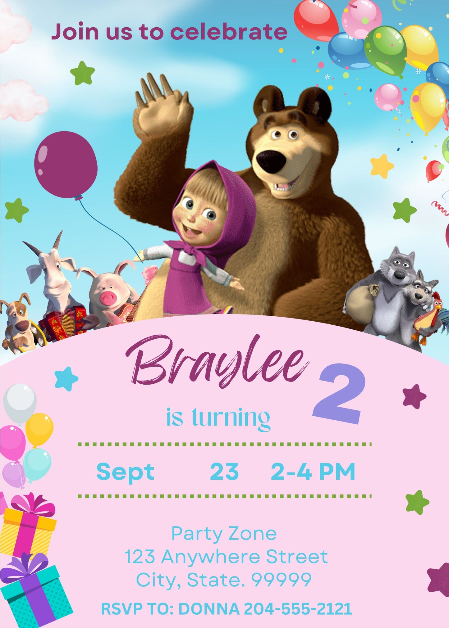 cute masha and the bear birthday invite
