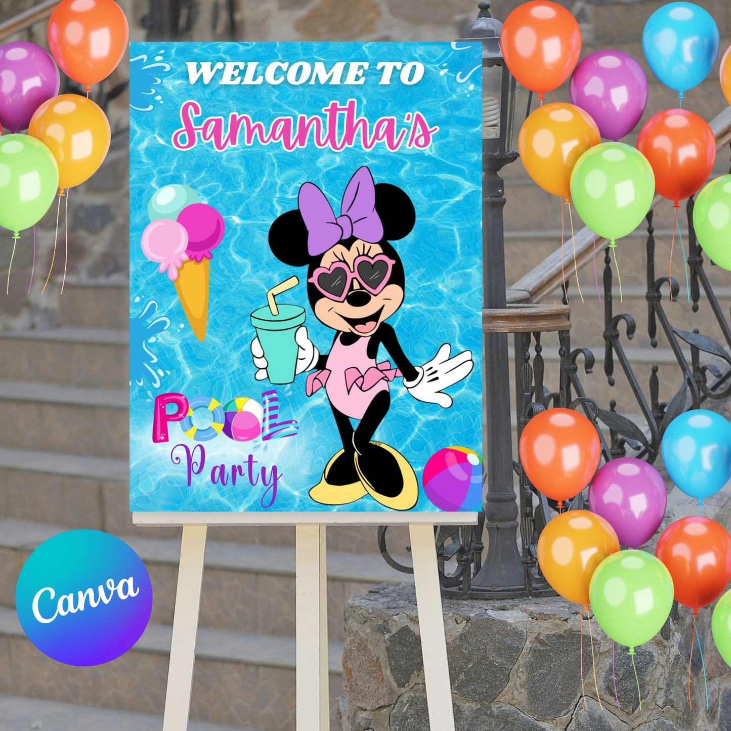 Minnie Mouse Pool Party Welcome Sign - Personalized Minnie Mouse Welcome Poster