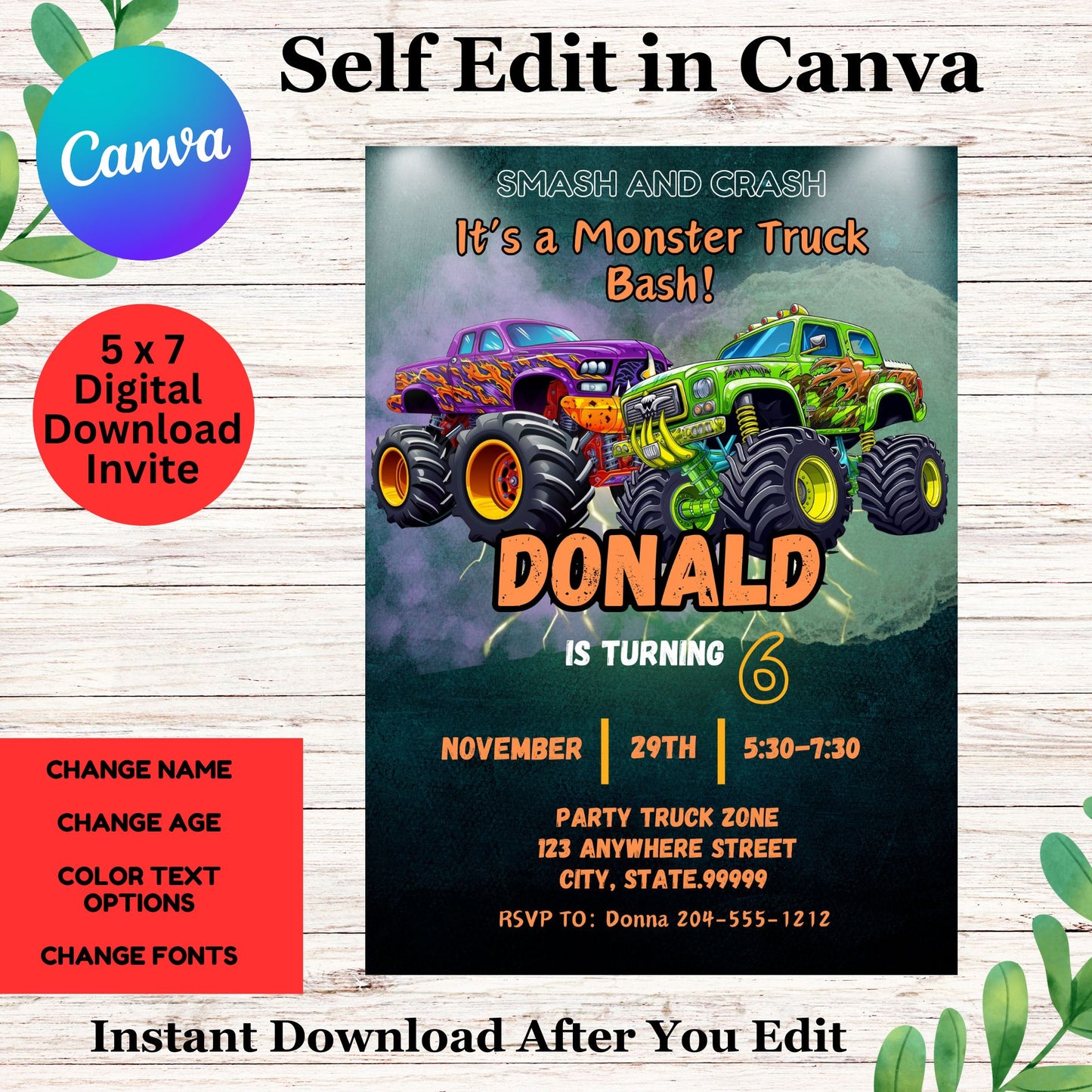 Monster Truck Birthday Kids Party Invitation Template - Editable Monster Truck Invitation Printable