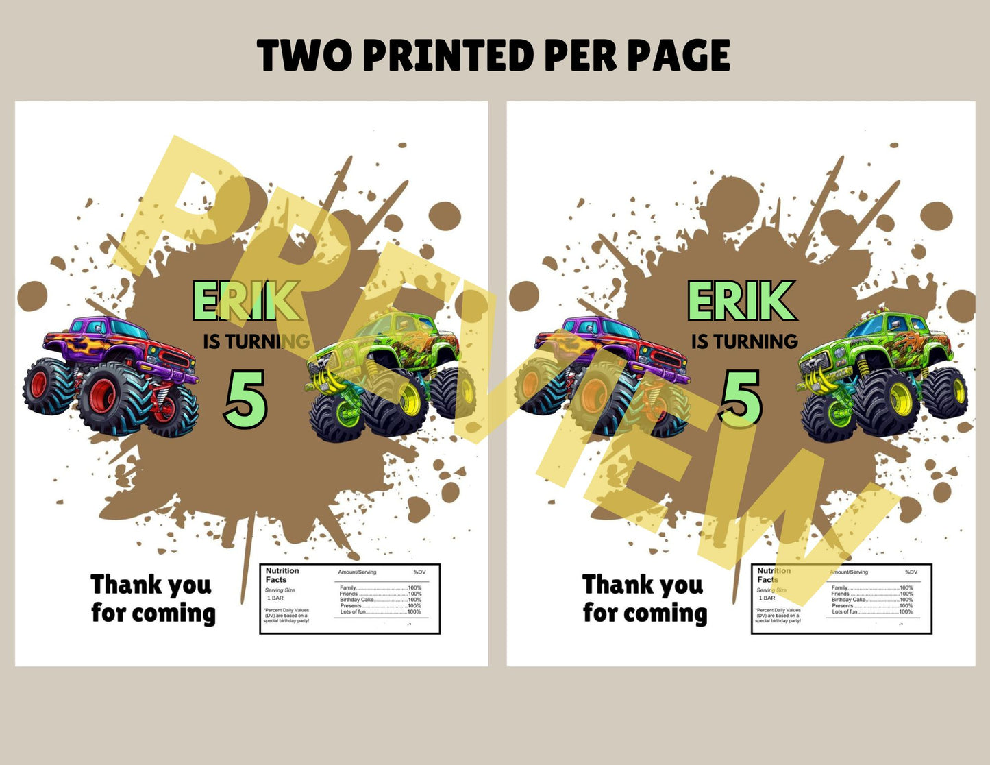 monster truck candy bar wrapper