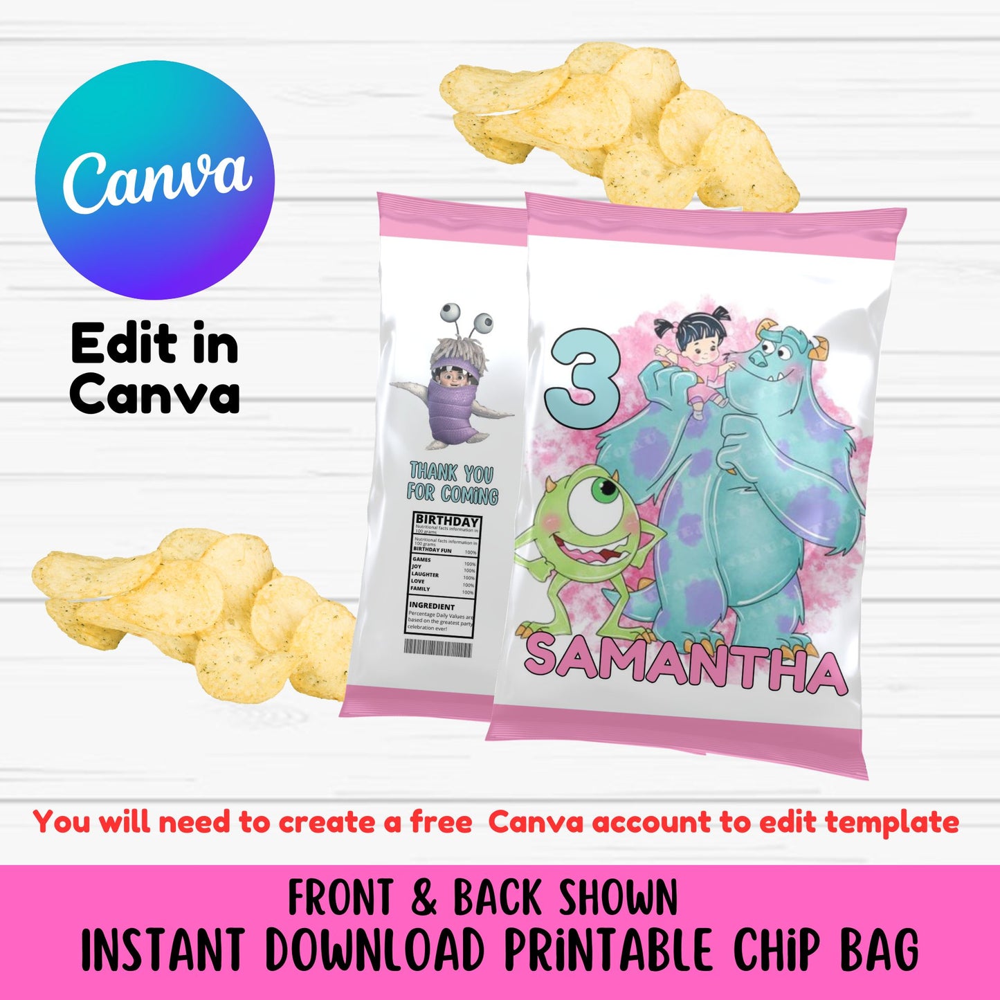 Boo Monsters Ink Chip Bag - Monsters Ink Girl Boo Printable Chip Bags