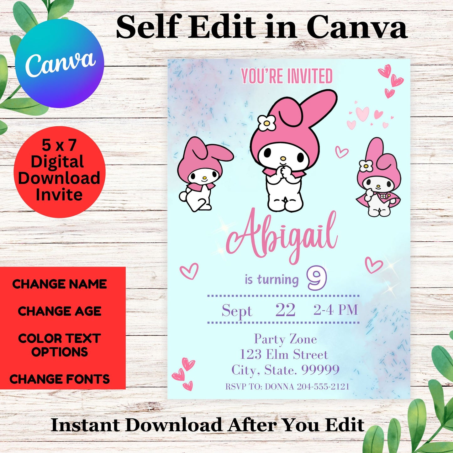 Melody Birthday Invitation - Cute Bunny Hello Kitty Birthday Party Invitation Template