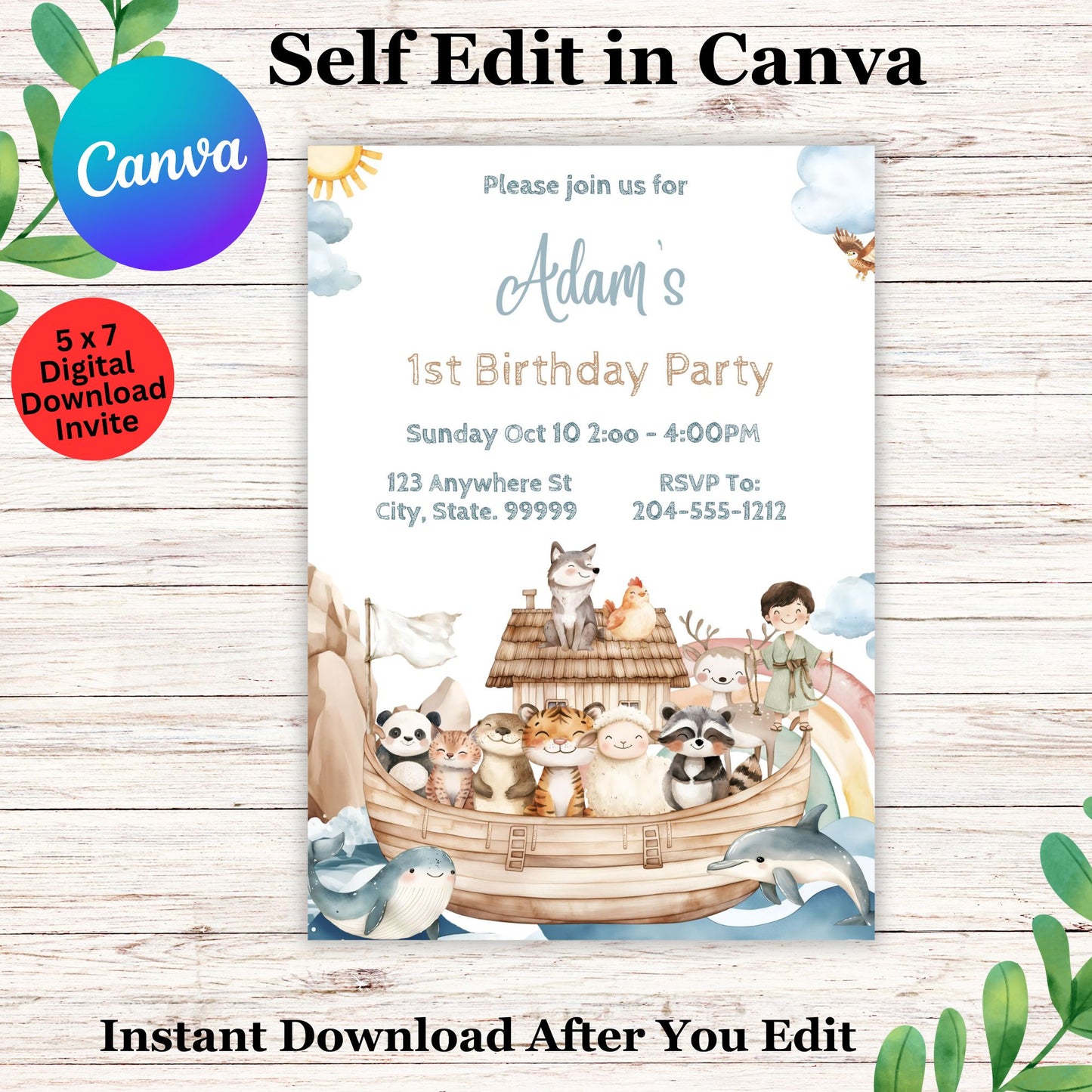 Noah's Ark Birthday Invitation Template - Editable Noah's Ark Birthday Invite in Canva