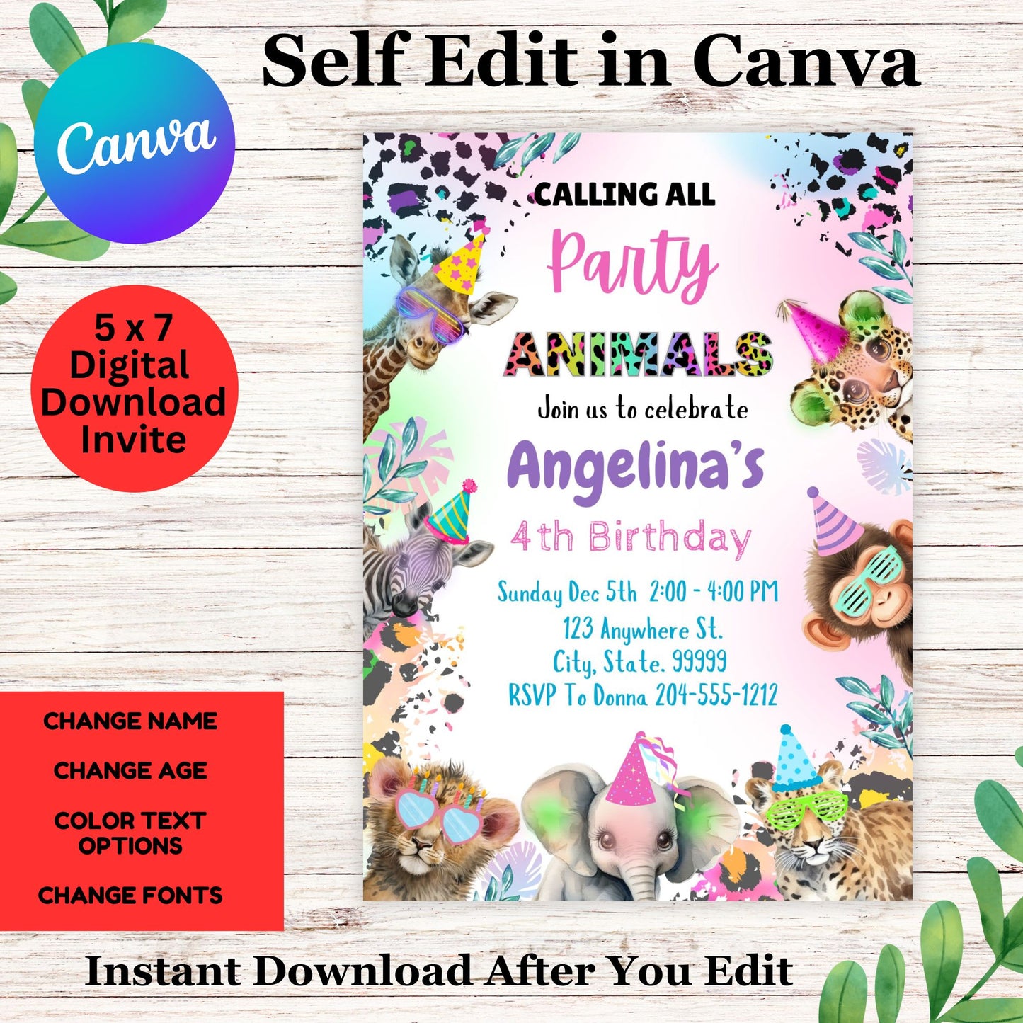 Party Animals Birthday Party Girl Invitation Template - Party Animals Party Theme Kids