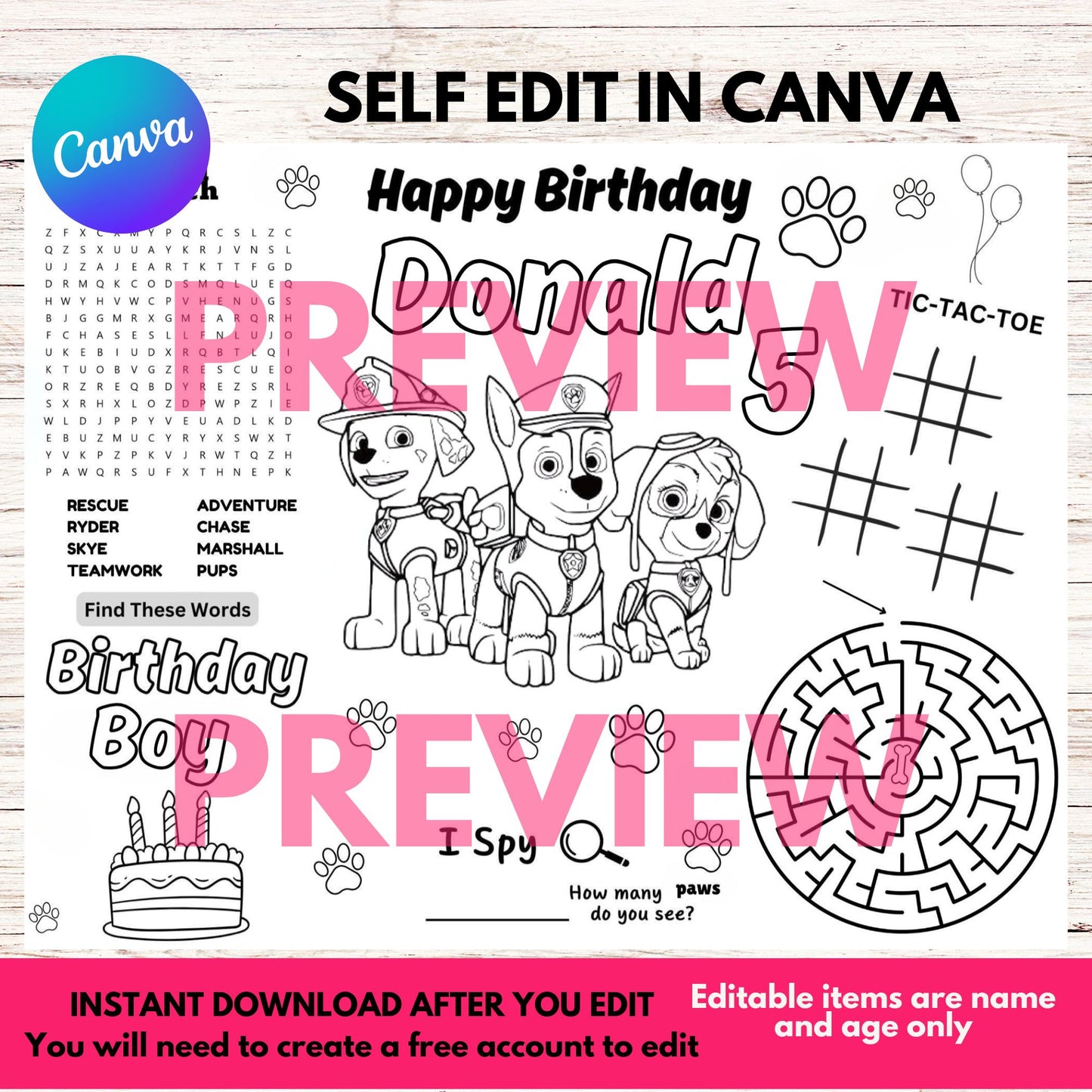 Paw Patrol Birthday Activity Sheet Mat - Editable Paw Patrol Personalized Birthday Coloring Sheet