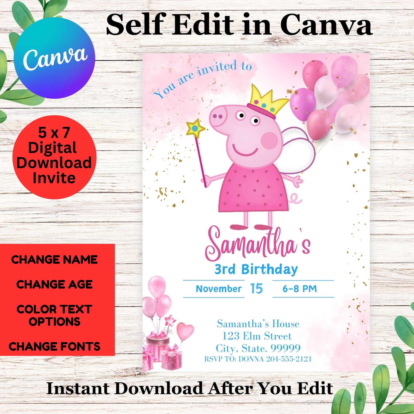 This is a personalized birthday invitation 5 x 7 inches that you will edit yourself in Canva then print at home or any print location of choice. After purchase you will receive an email with instructions and link to Canva for you to edit. If you have any issues download or any other issues please email me at girlygirltutus@yahoo.com. Please note responses can vary from 1-2 hours but please allow up to 24 hours.
This isn't a physical item..... Once you edit invitation you can then print yourself