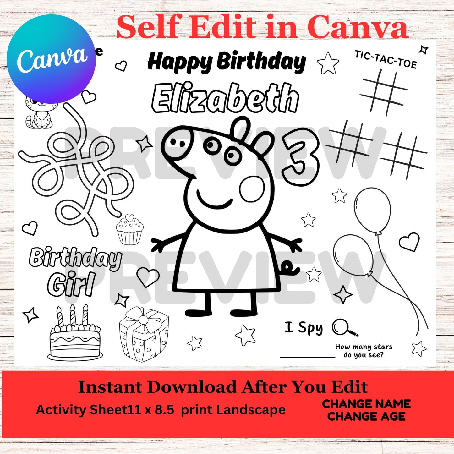 Peppa the Pig Birthday Activity Sheet - Printable- Peppa Activity Sheet Template