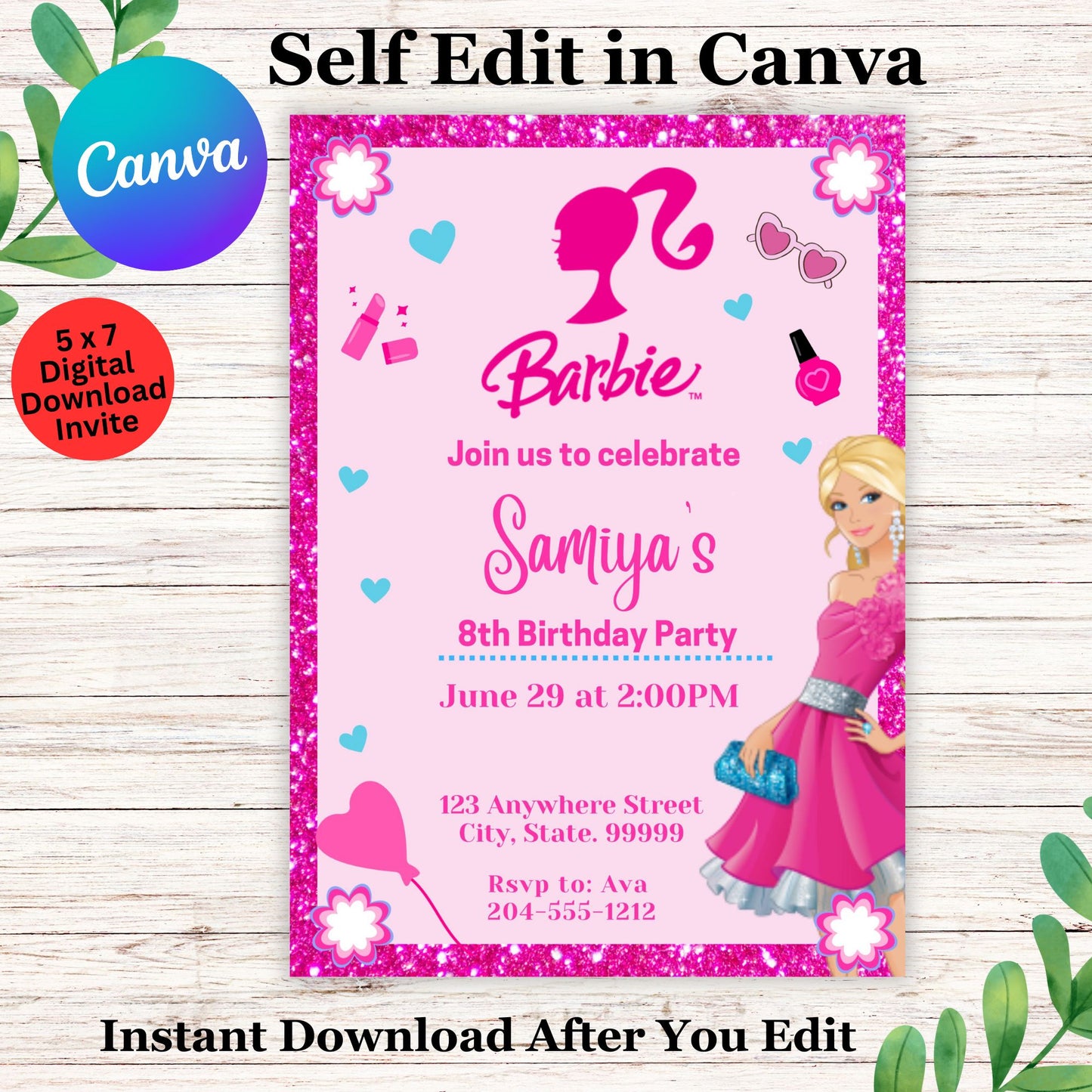 Barbie Personalized Birthday Invitation Template - Fashion Barbie Pink Birthday Invite Editable