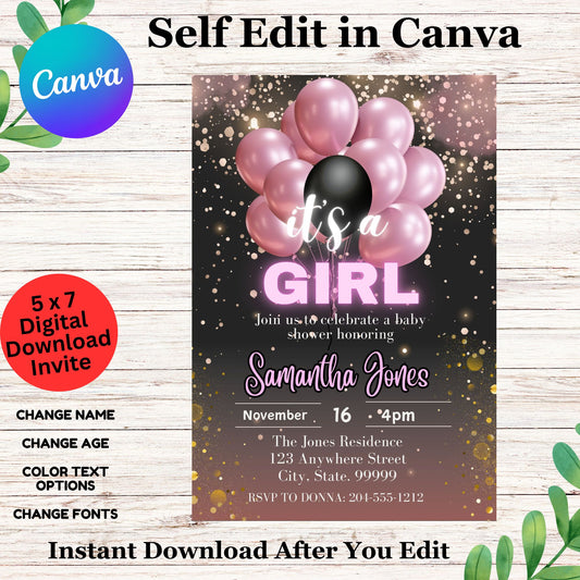 It's a Girl Baby Shower Invitation Template - Girl Baby Shower Invitation Editable in Canva