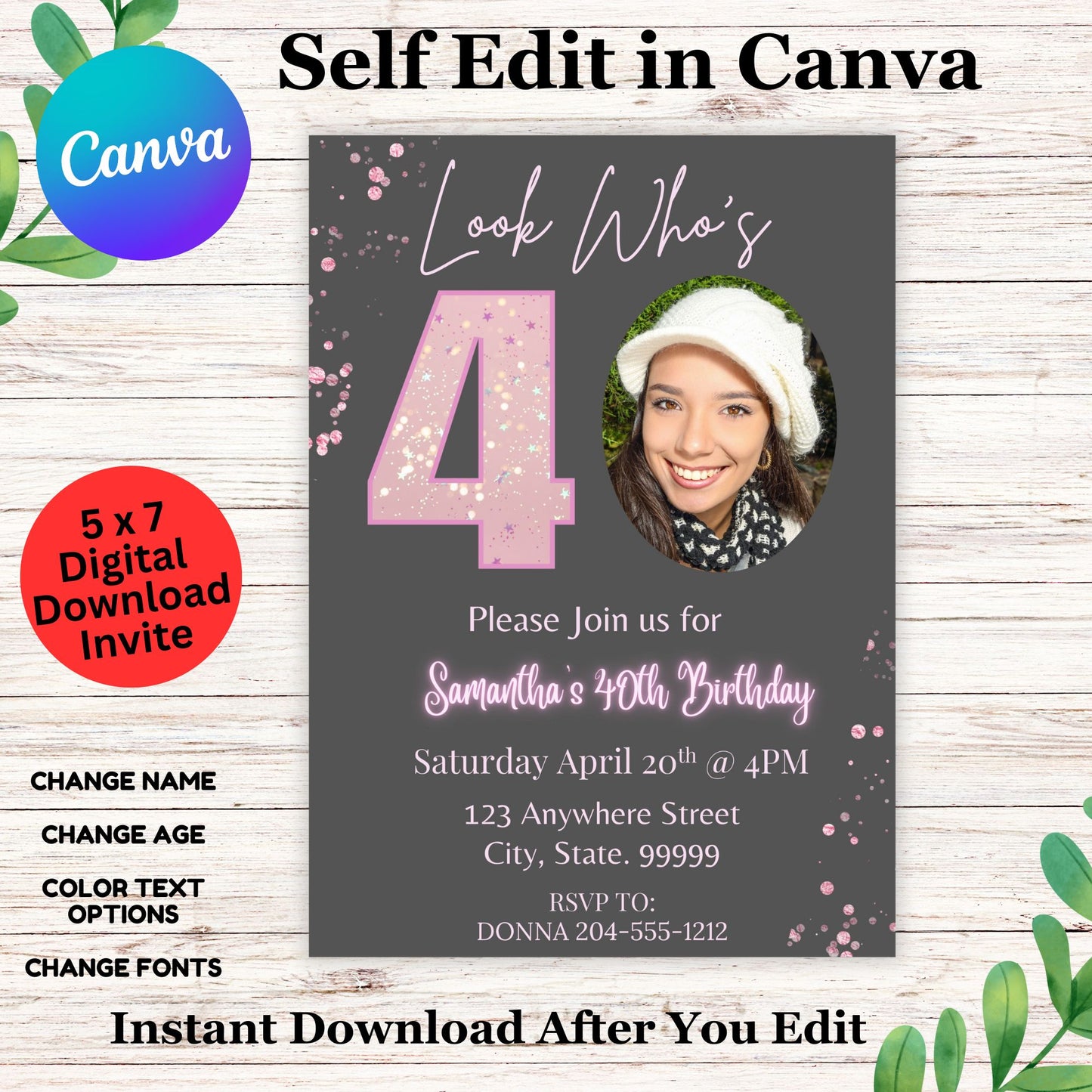 Girl Pink 40th Shimmer Photo Birthday Invitation - Girl 40th Photo Birthday Invite Template