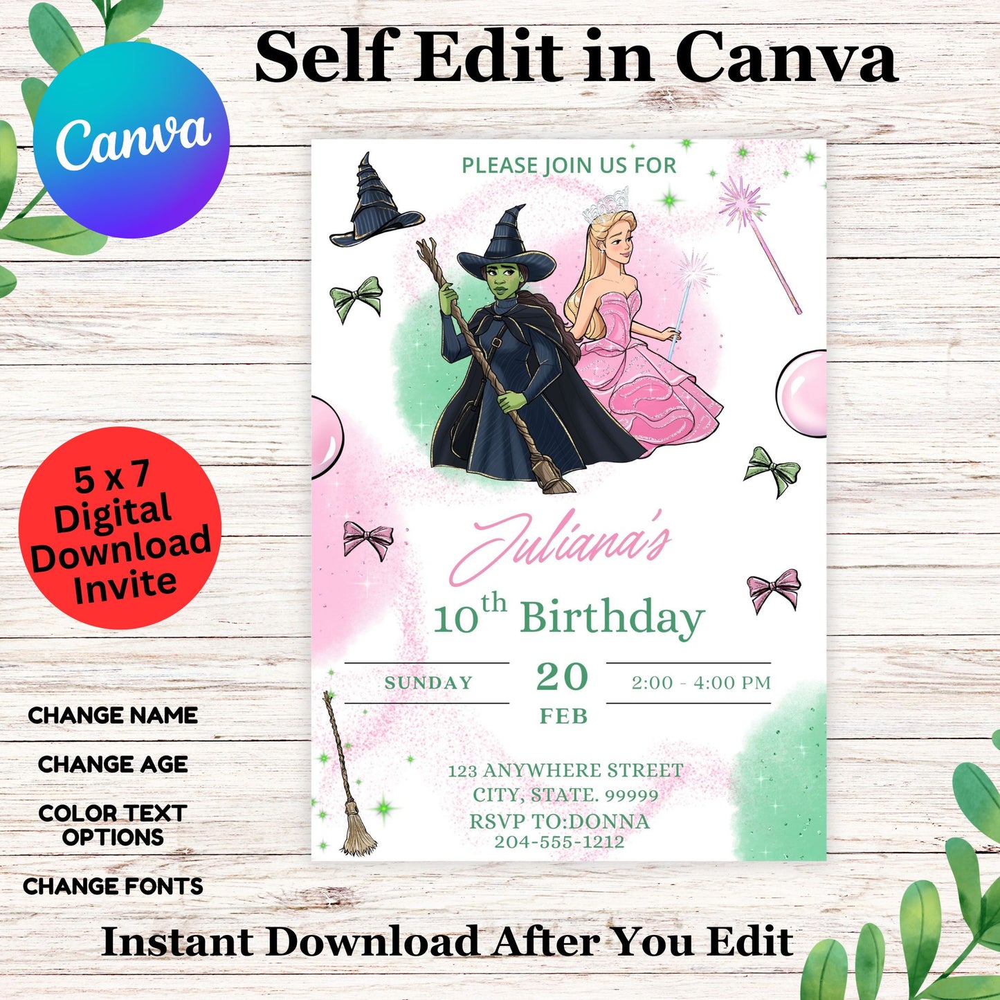 Cute Wicked Green Pink Birthday Invitation Template- Editable Wicked Invite in Canva