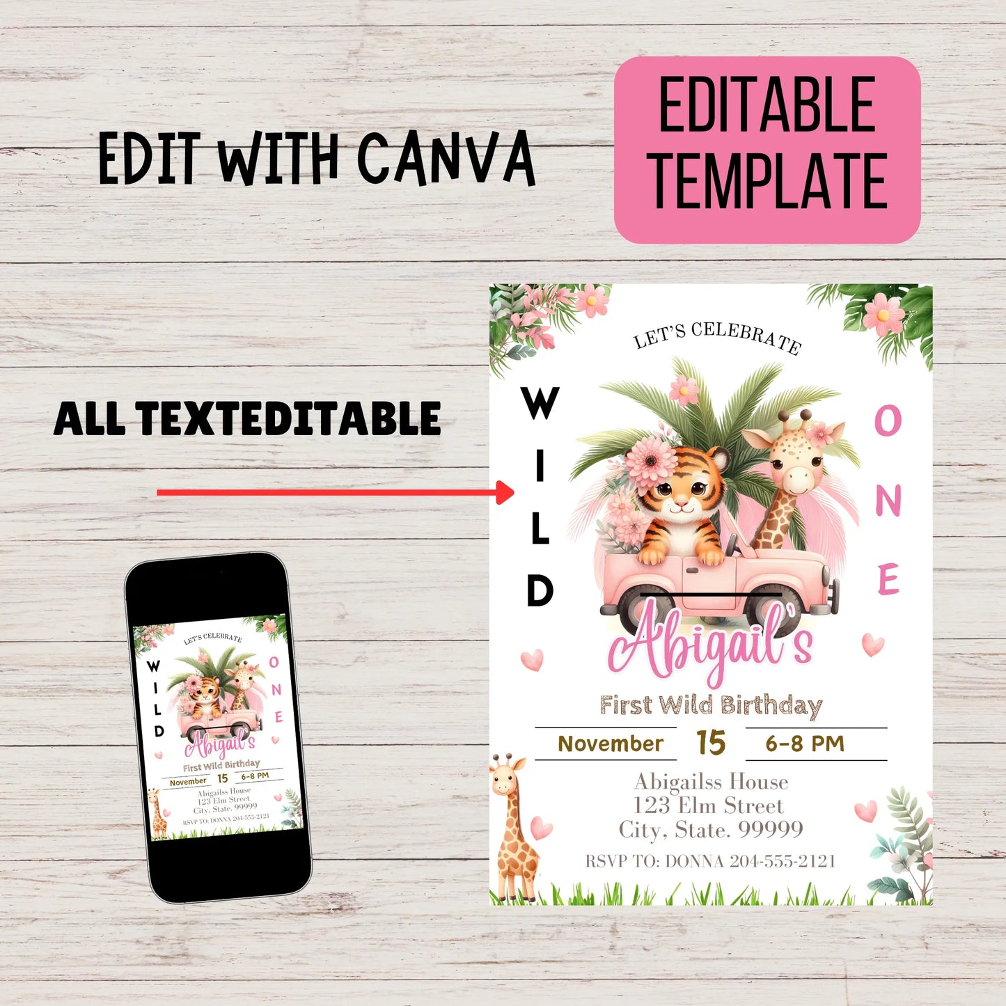 Printed Wild One safari invitation card styled with pink balloons and a gold glitter number one for a girl's first birthday