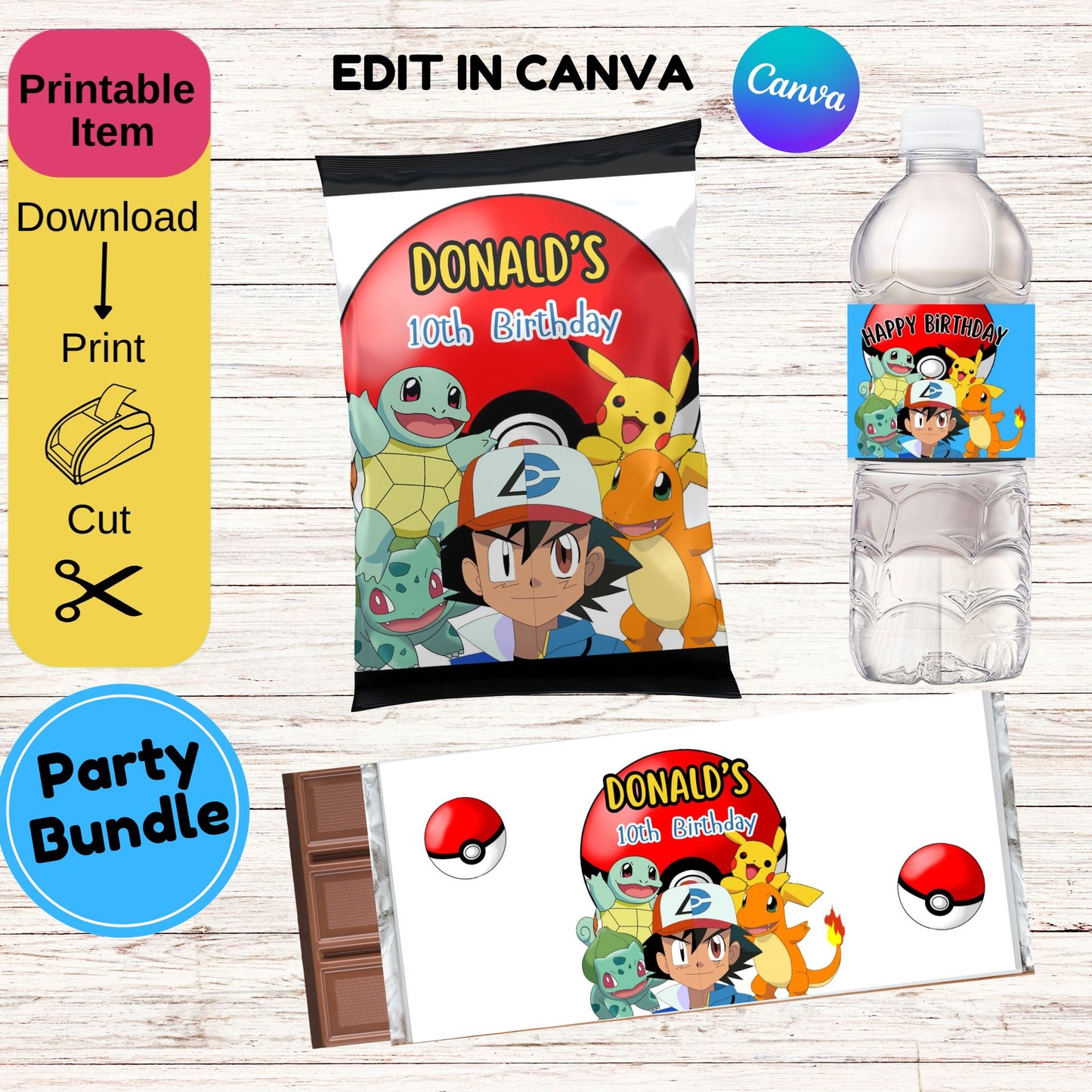 Pokemon Boy Birthday Party Bundle Supplies - Pokemon Candy Bar Wrapper Template