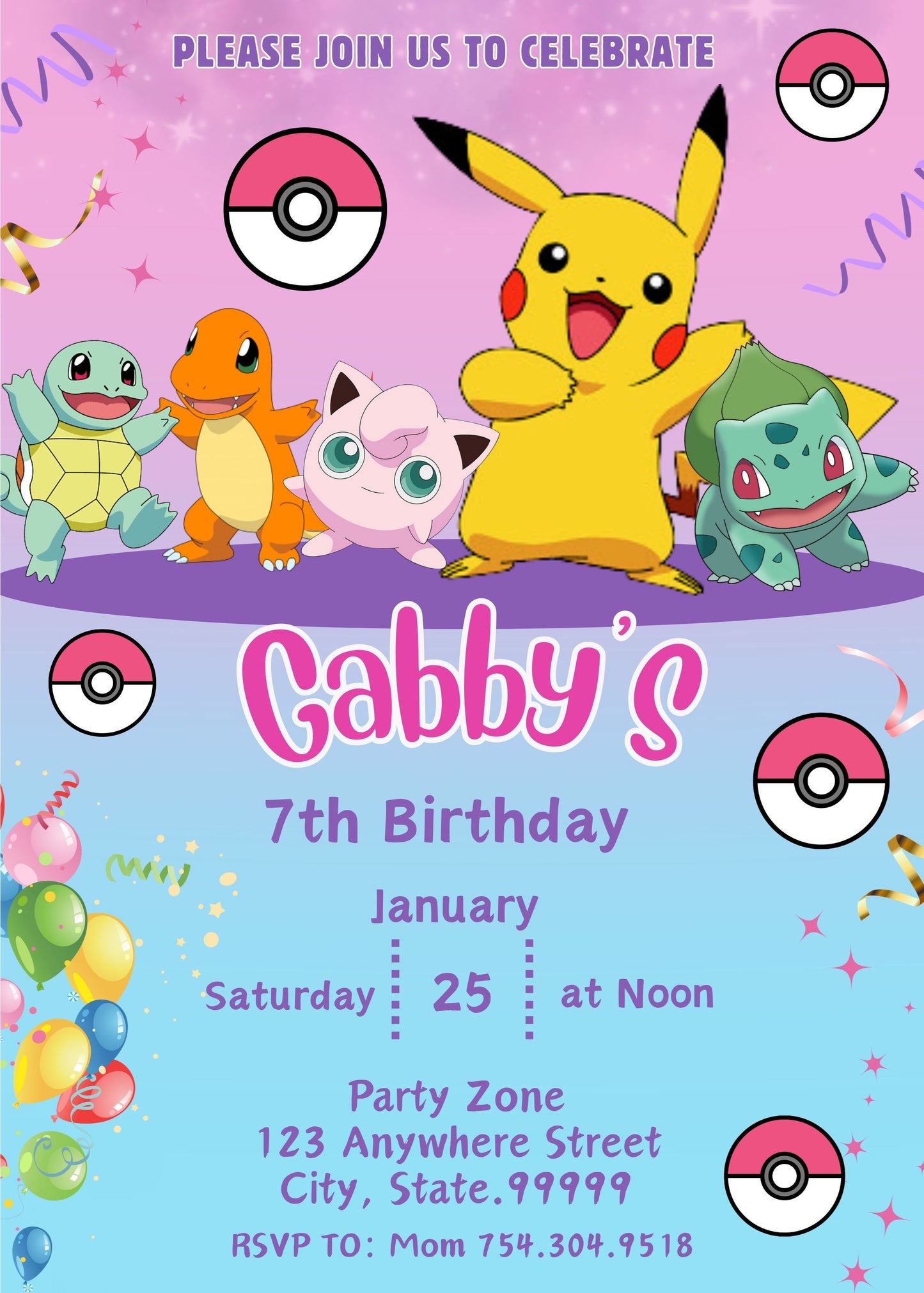 pokemon birthday invitation girl