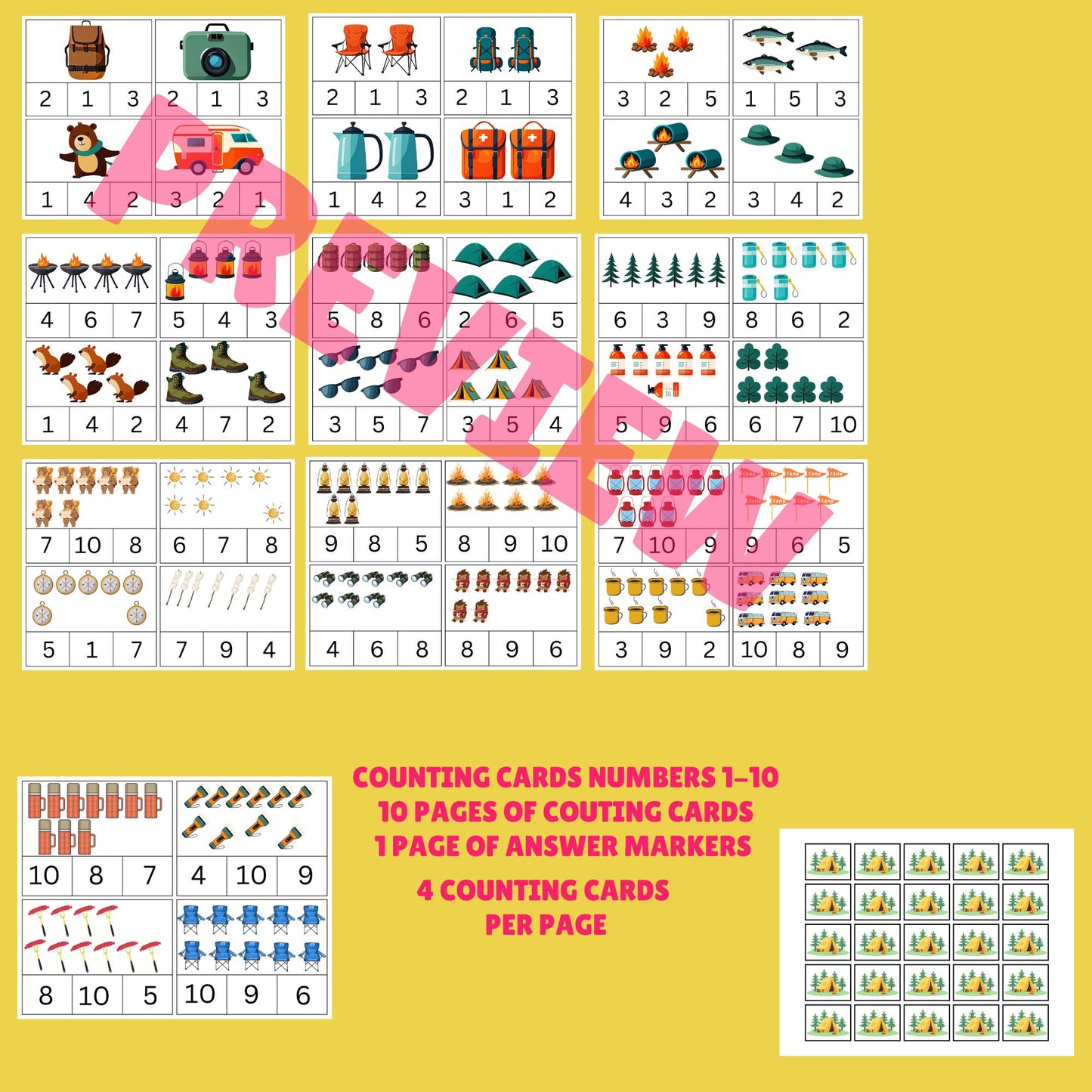 camping counting clip cards 1-10