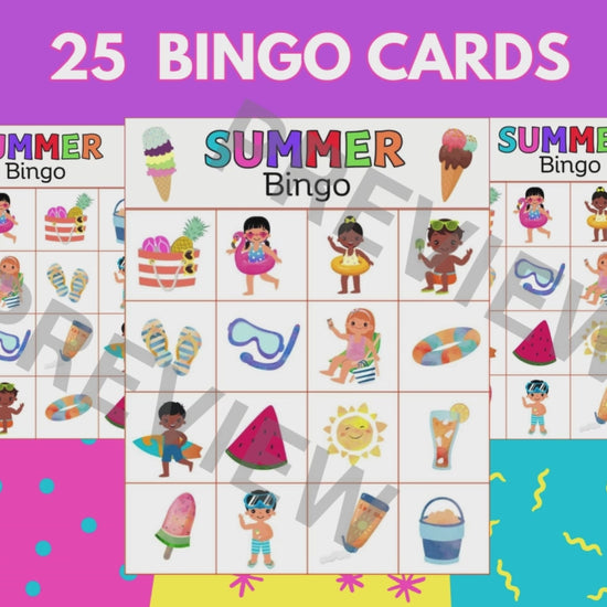 summer bingo for kids, beach party games, bingo printable pdf