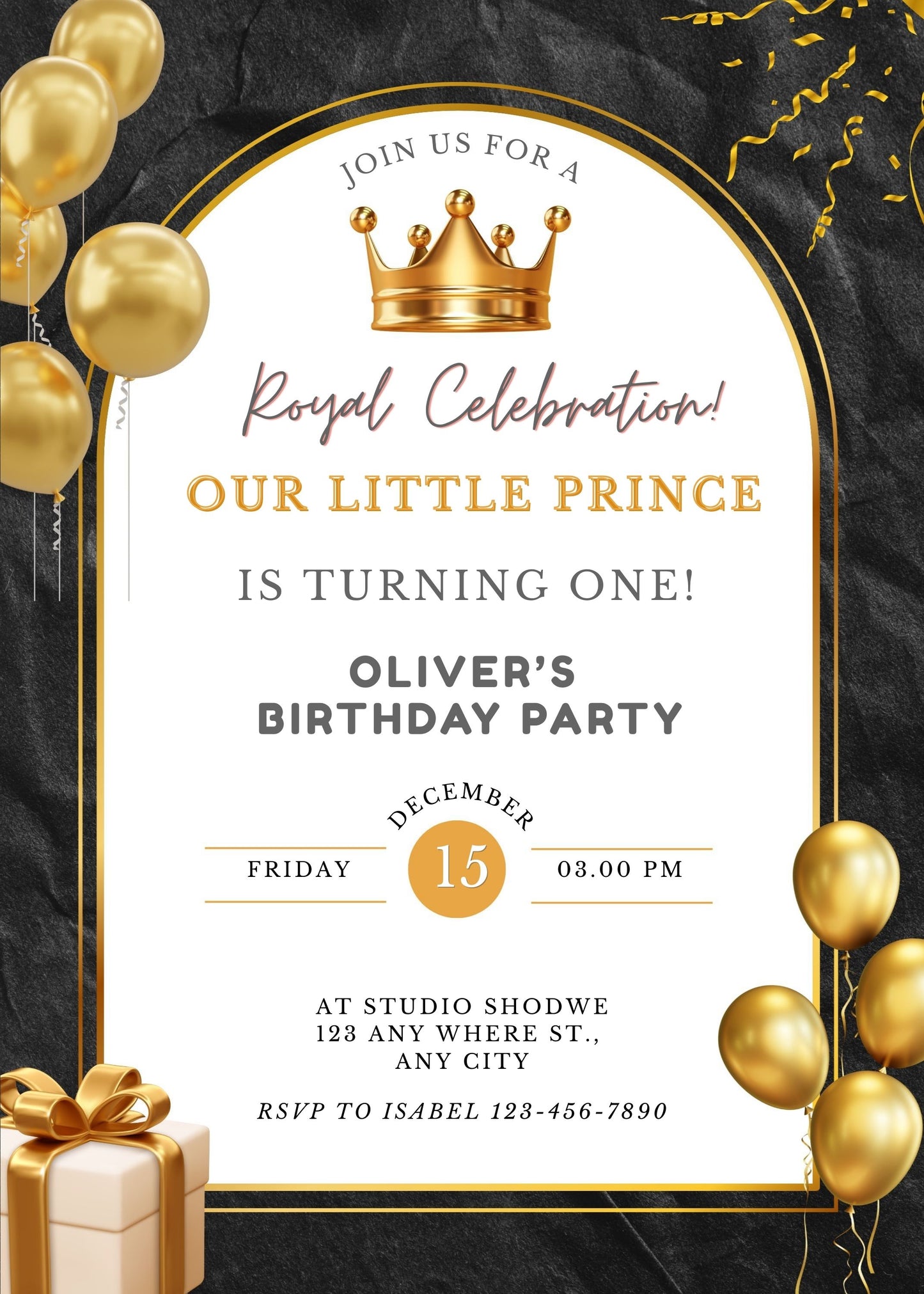 gold black prince birthday invite