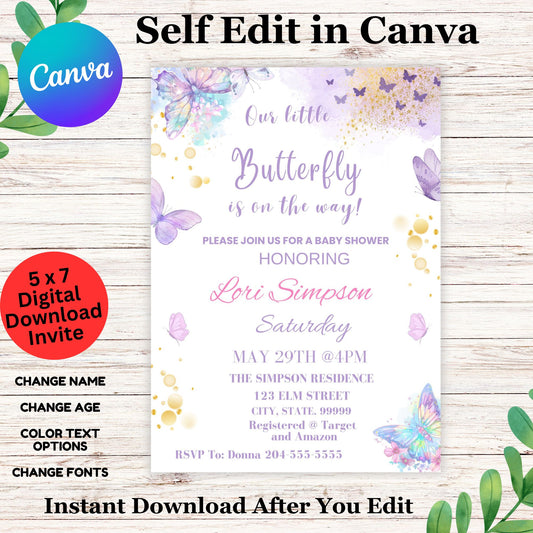 Cute Purple Pink Butterfly Baby Shower Invitation Template - Edit in Canva