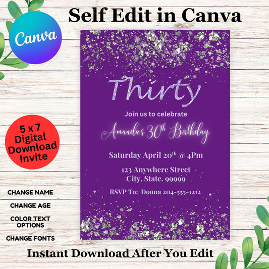 Purple Shimmer 30th Birthday Invitation Template - Cute Girl Thirty Invitation