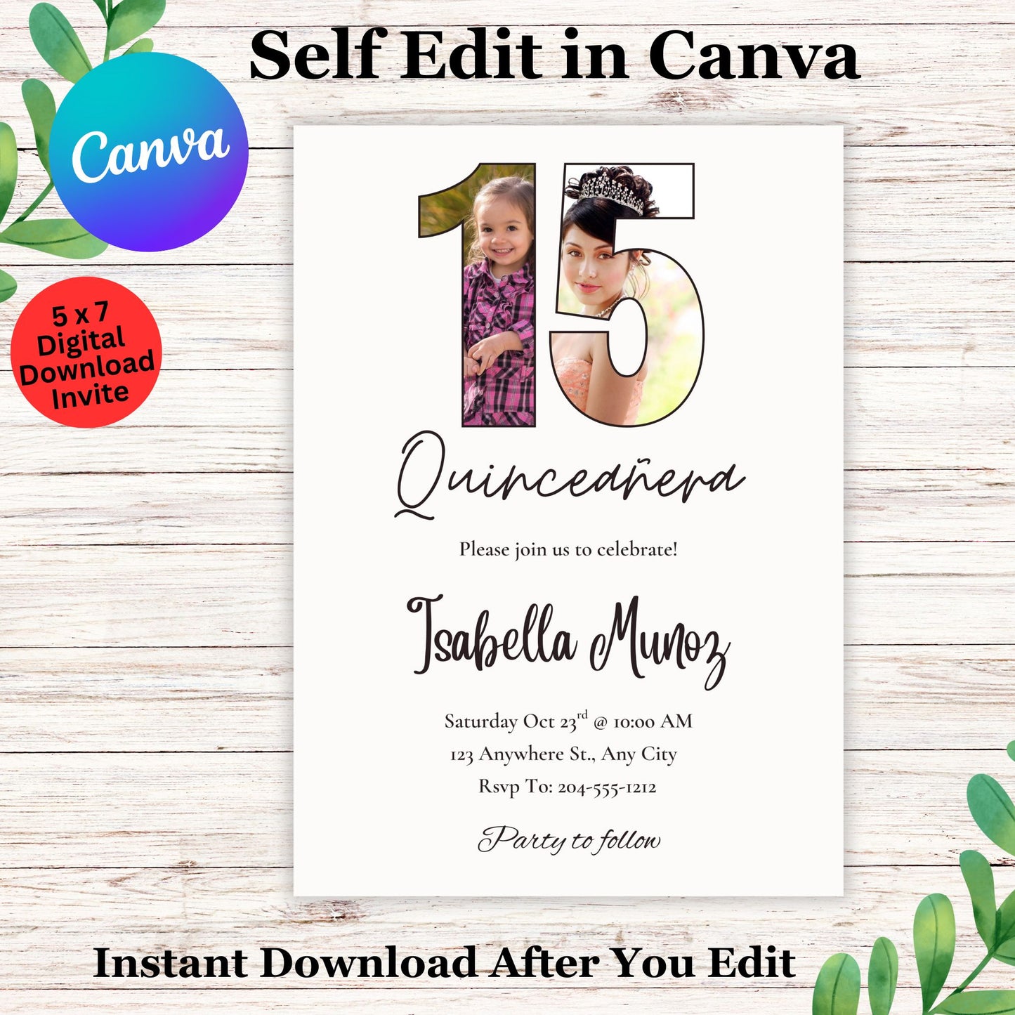 Minimal Quinceañera Photo Invitation Template - Editable Quinceañera Invite Template in Canva