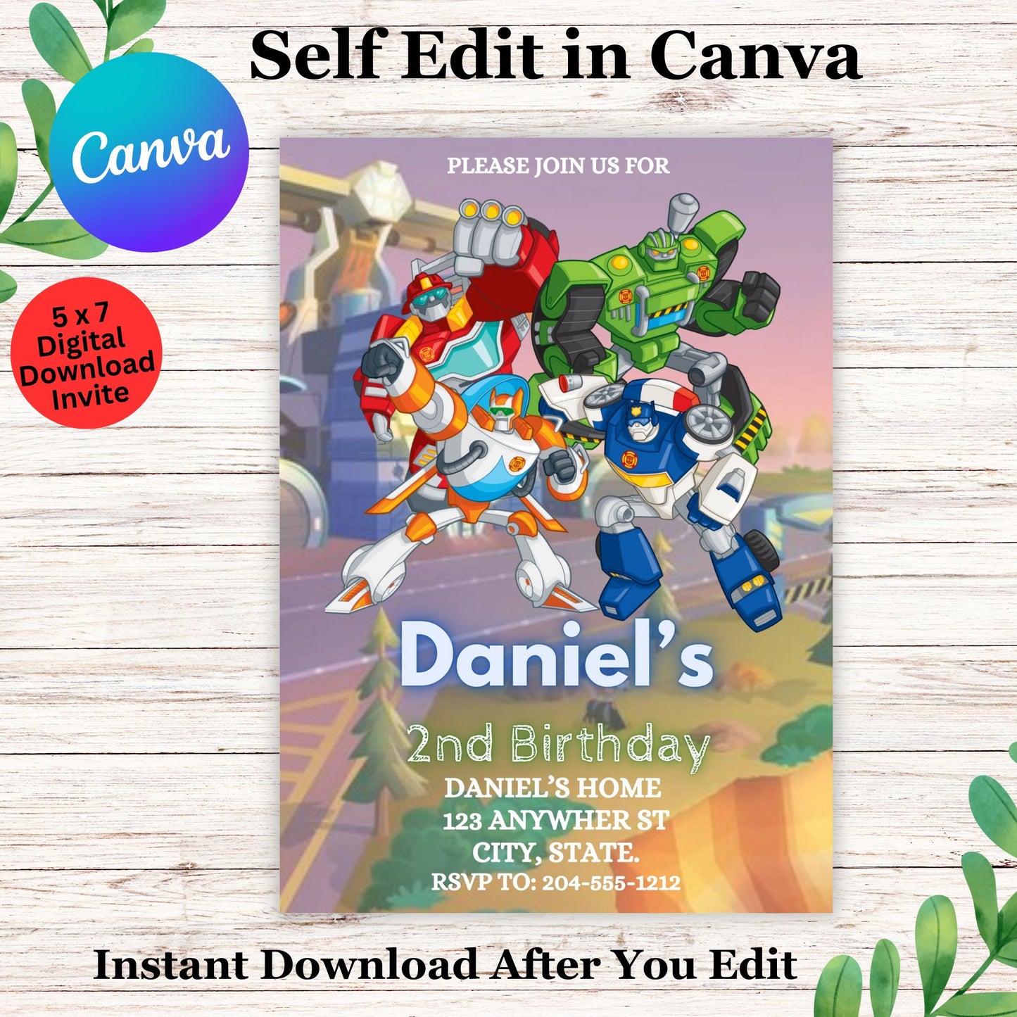 Rescue Bots Birthday Invitation Template - Editable Kids Rescue Bots Birthday Invite in Canva