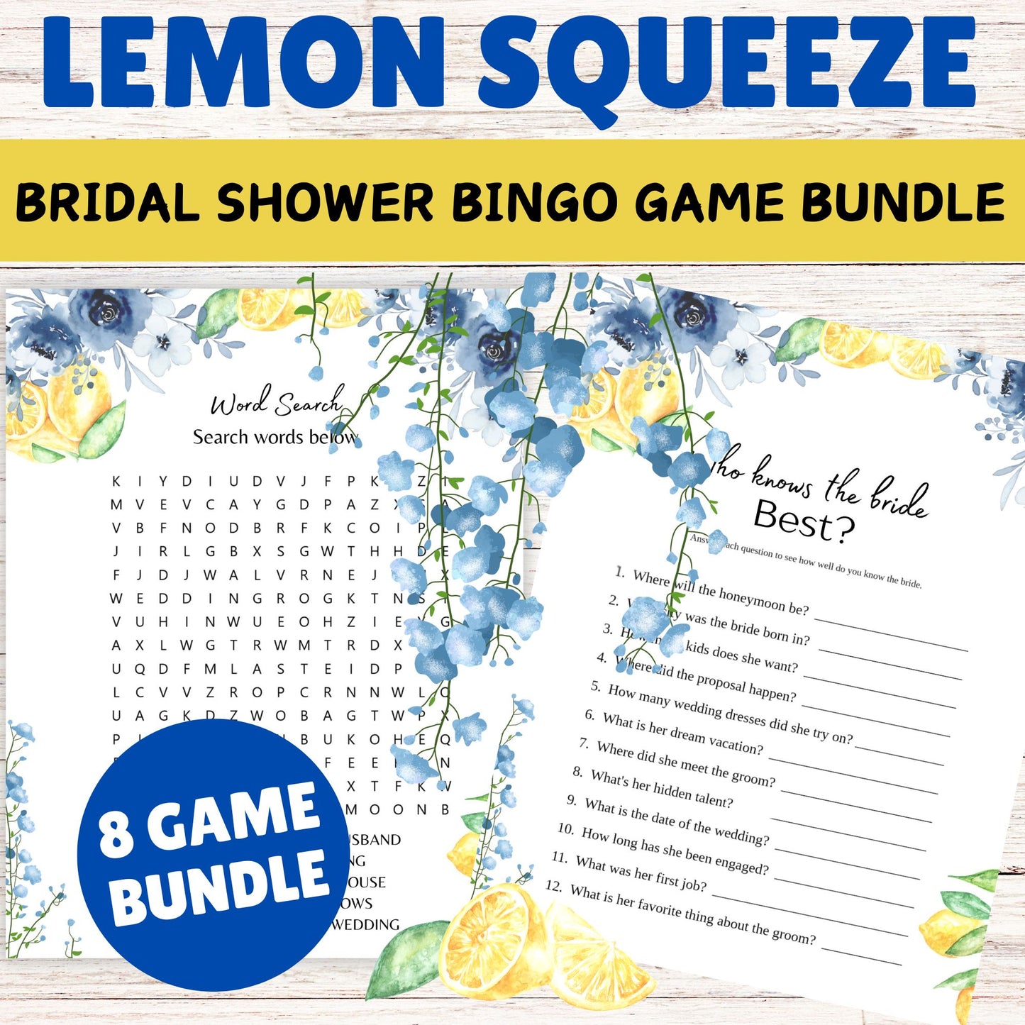 Lemon Squeeze Bridal Shower Game Bundle- Blue Floral Bridal Shower Party Games Printable