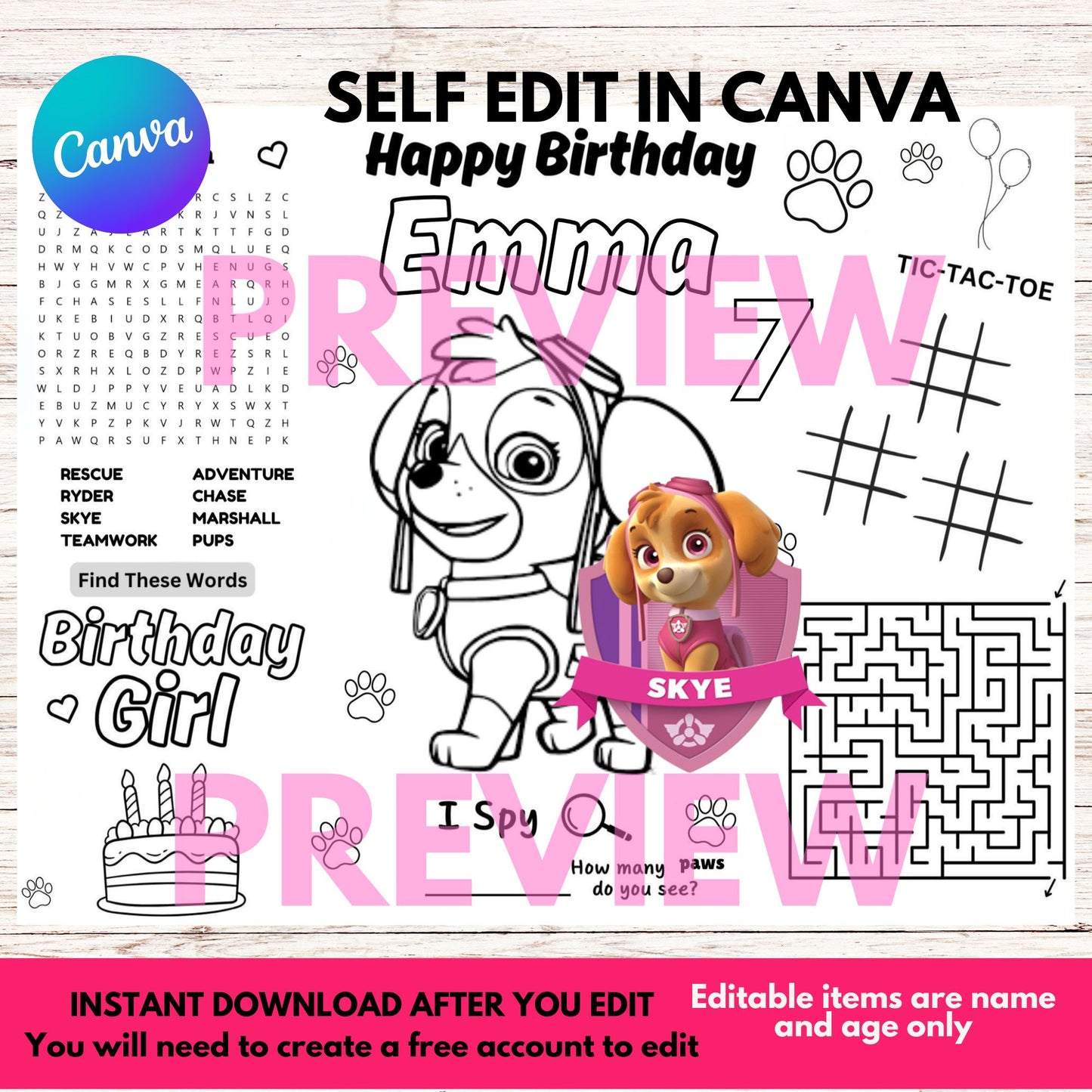 Skye Paw Patrol Birthday Coloring Activity Sheet Template - Editable Skye Birthday Activity Sheet