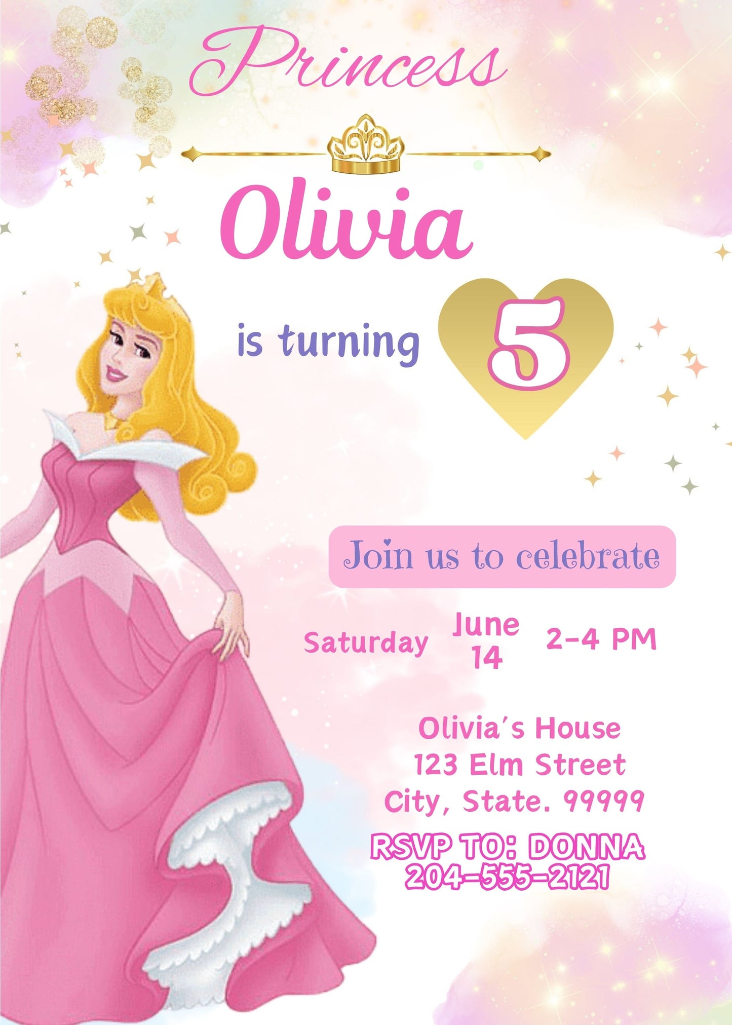 pink princess aurora birthday party invite
