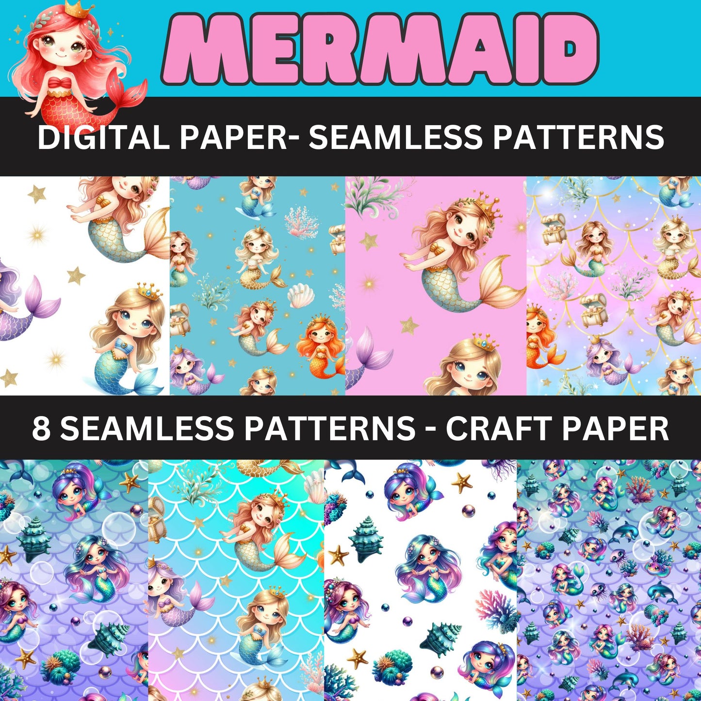 Mermaid Seamless Pattern- Mermaid Digital Craft Paper Pattern