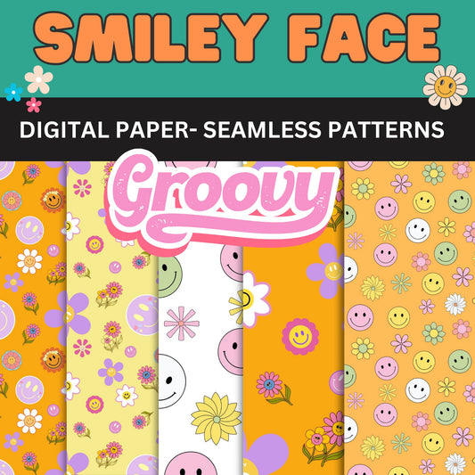Retro Groovy Smiley Face Digital Paper- Instant Download