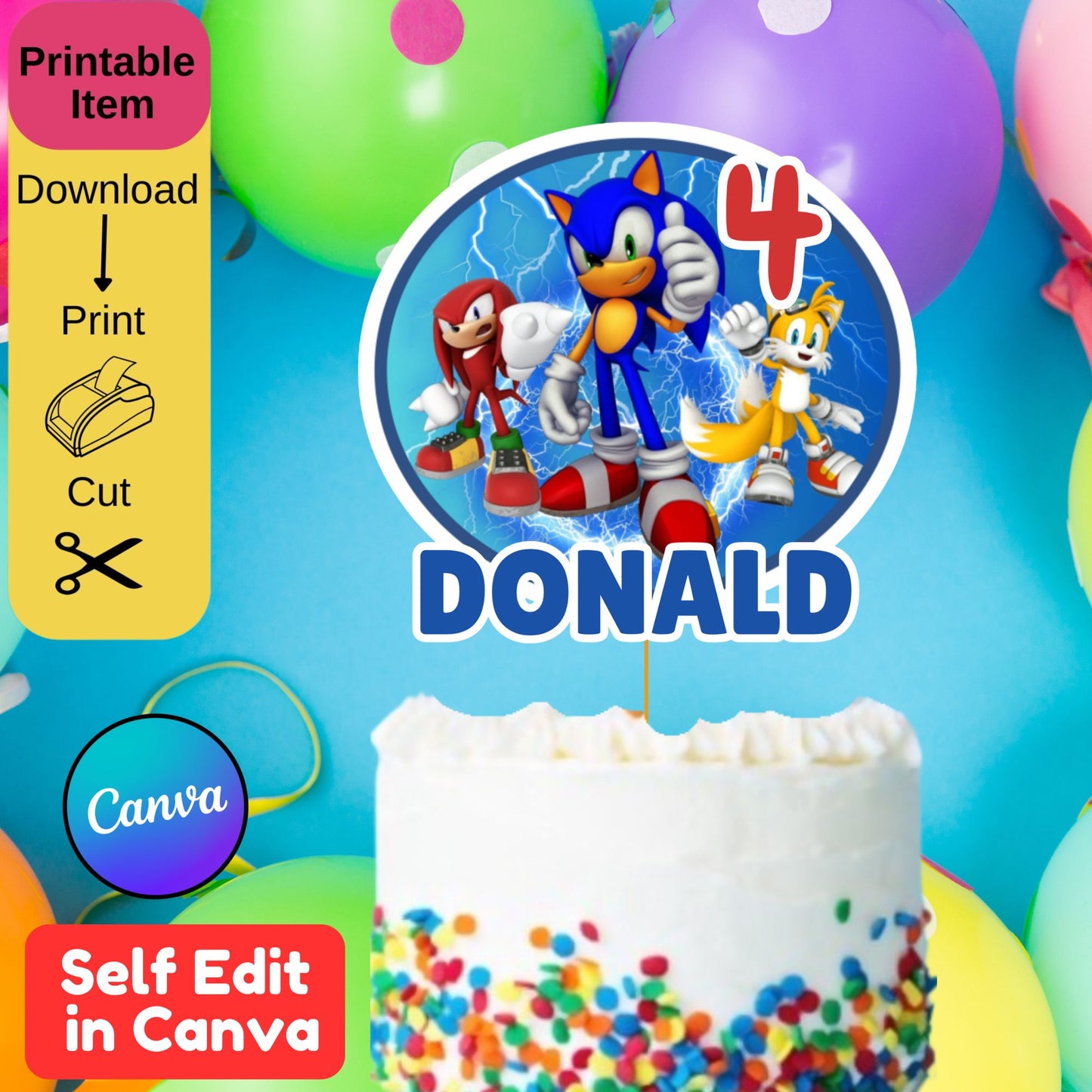 Sonic the Hedgehog Cake Topper Template - Printable Sonic Cake Topper Editable in Canva
