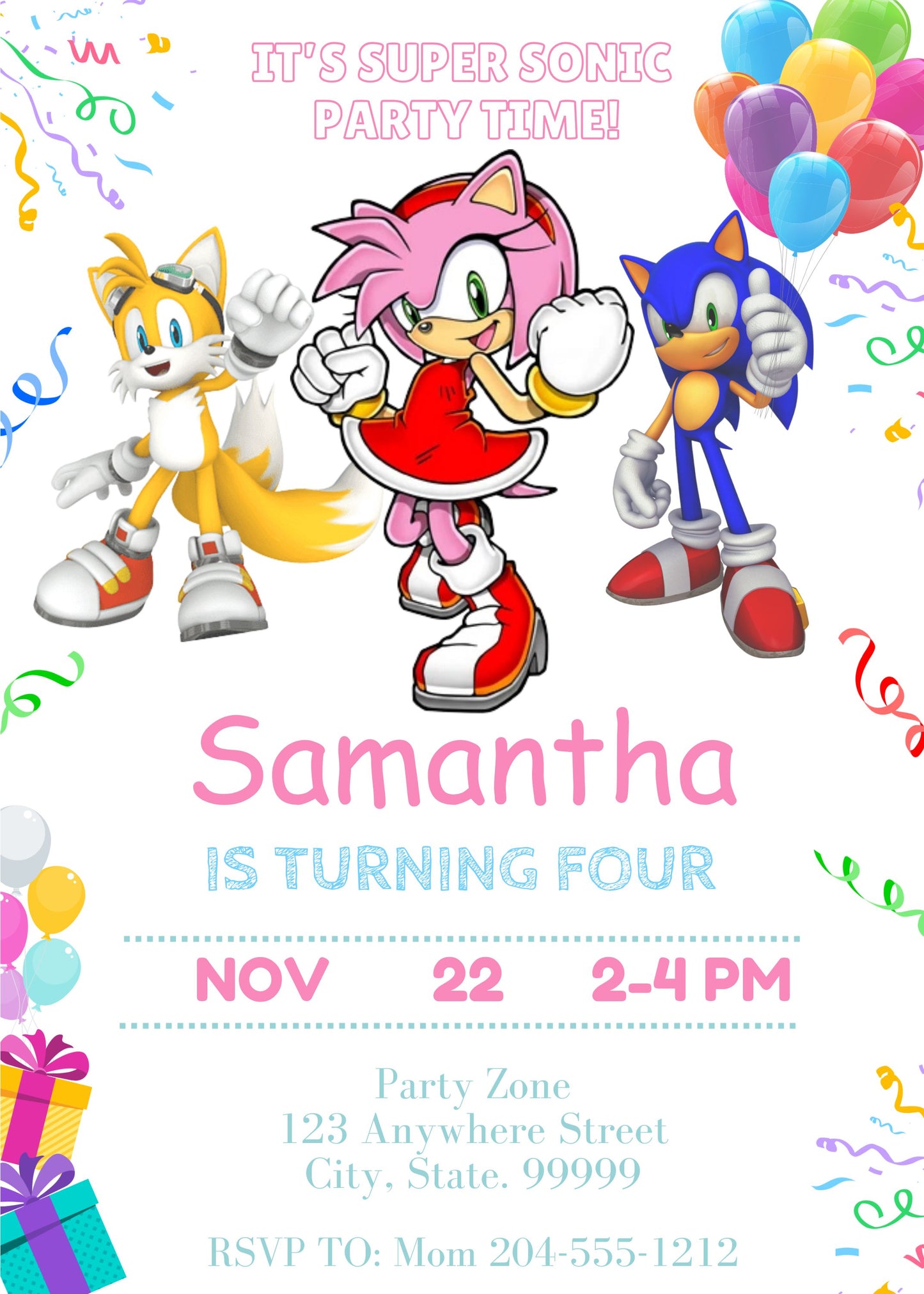 cute sonic girl birthday party invitation