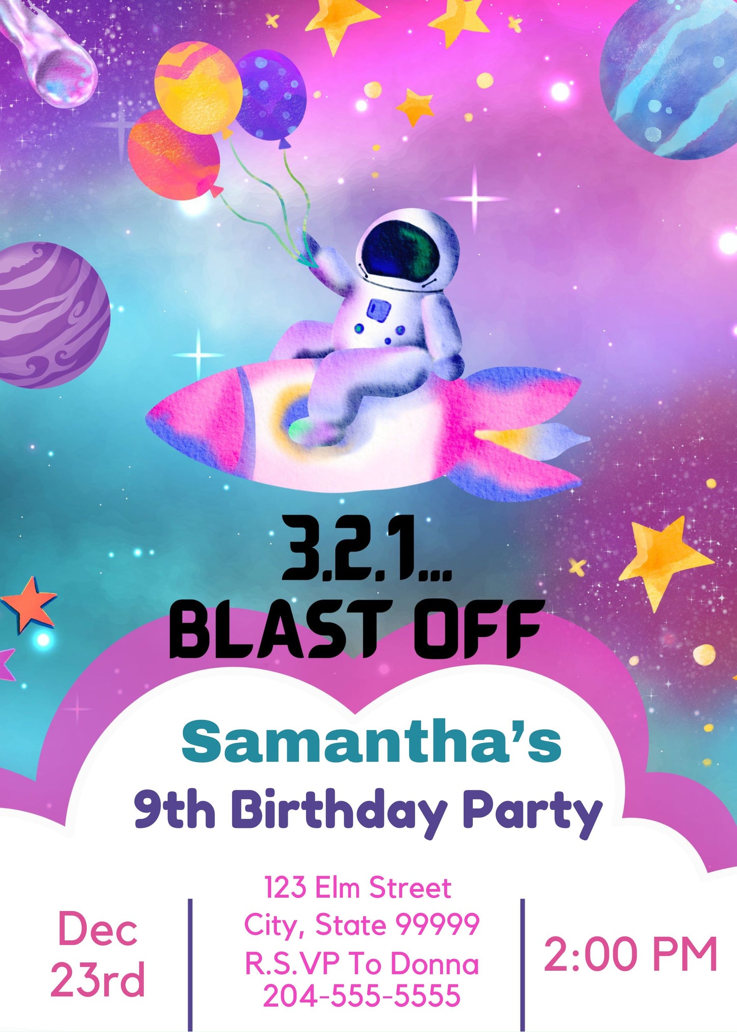 girls space birthday party invite