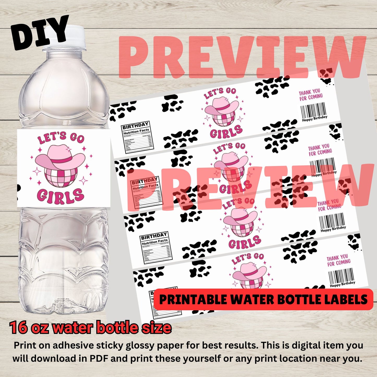 Disco Cowgirl Water Bottle Labels - Printable Space Cowgirl Retro Water Bottle Labels