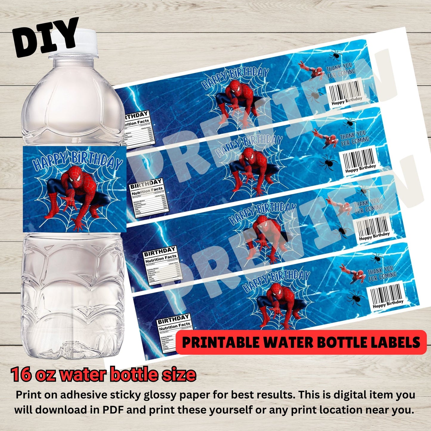 Spiderman Water Bottle Labels - Spiderman Birthday Party Water Bottle Labels