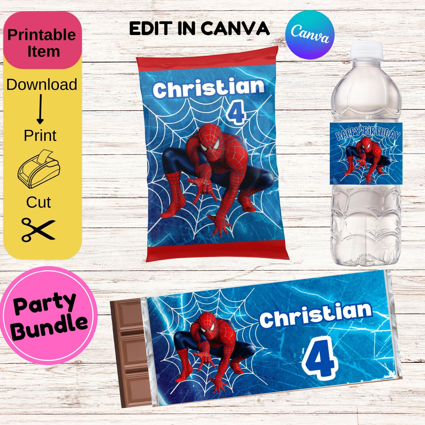 Spiderman Birthday Party Bundle- Spiderman Chip Bag - Spiderman Water Bottle - Canva Templates