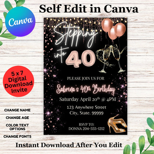 Girl Black Rose Gold Shimmer 40th Birthday Party Invitation Template - 40th Birthday Party Lady